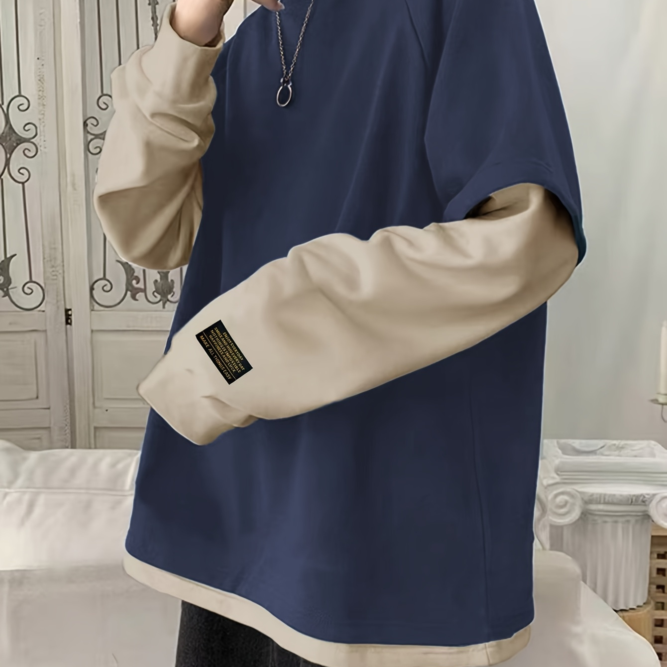 

Two-piece Long-sleeved Hoodie For Men, Loose-fitting Bottoming Shirt, And , Color-blocking To Wear Out