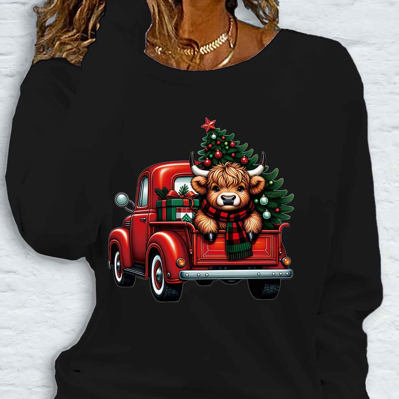 

Christmas Applique Pickup Truck With Bear Long Sleeve T-shirt - Casual Crew Neck Pullover With Medium Stretch, Polyester Knit Fabric, Regular Fit Festive Top For Fall