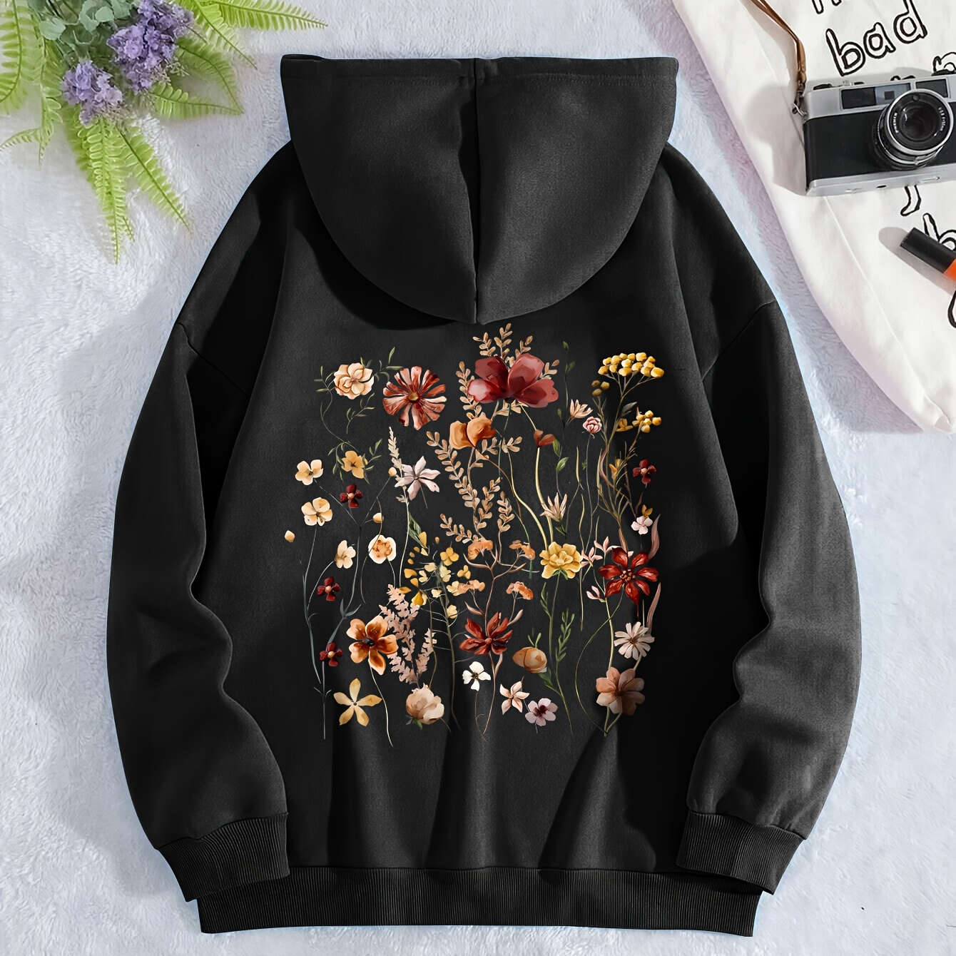 

Floral Print Kangaroo Pocket Hoodie, Drawstring Casual Hooded Sweatshirt For Winter & Fall, Women's Clothing