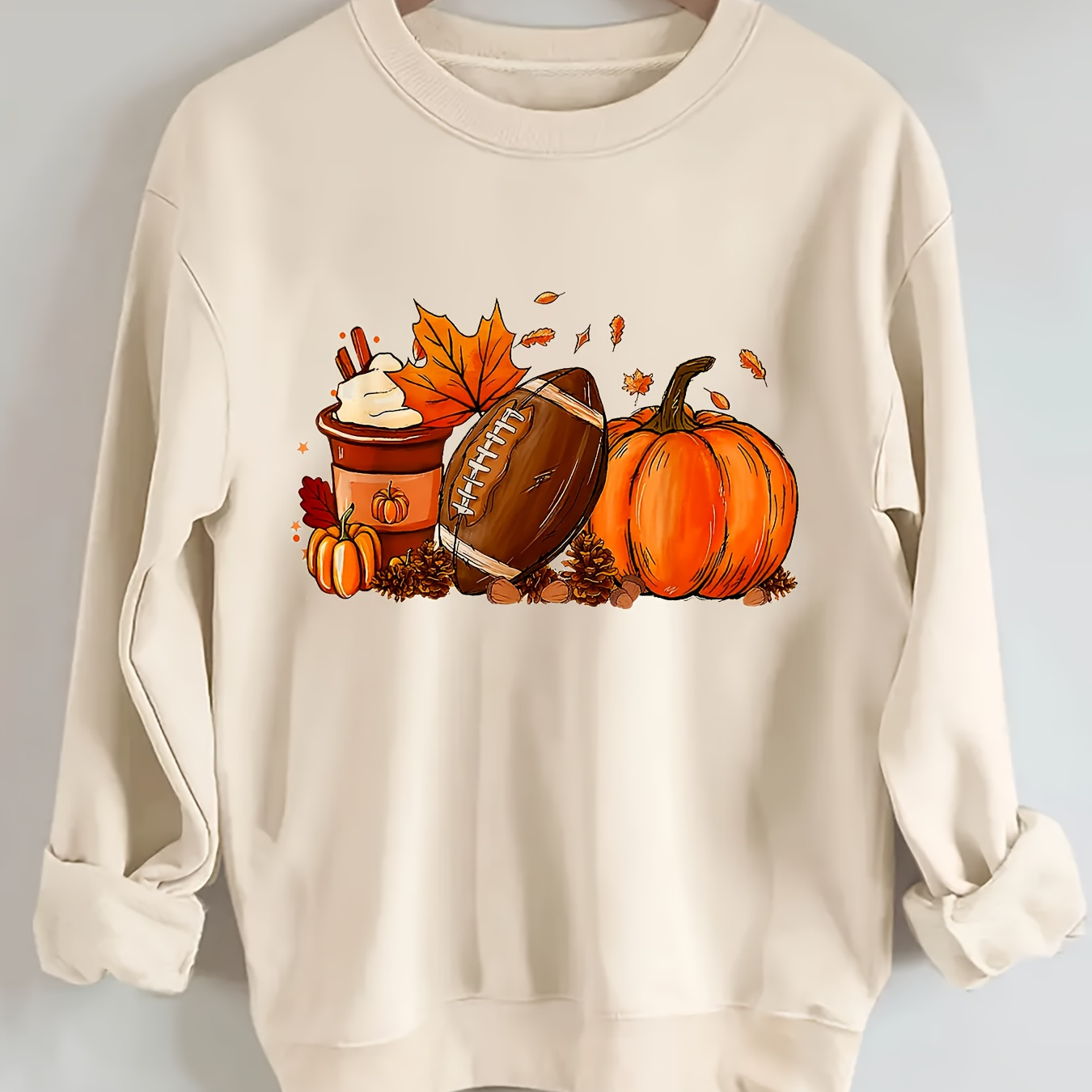 

Plus Size Rugby & Pumpkin Print Sweatshirt, Casual Long Sleeve Crew Neck Sweatshirt, Women's Plus Size Clothing