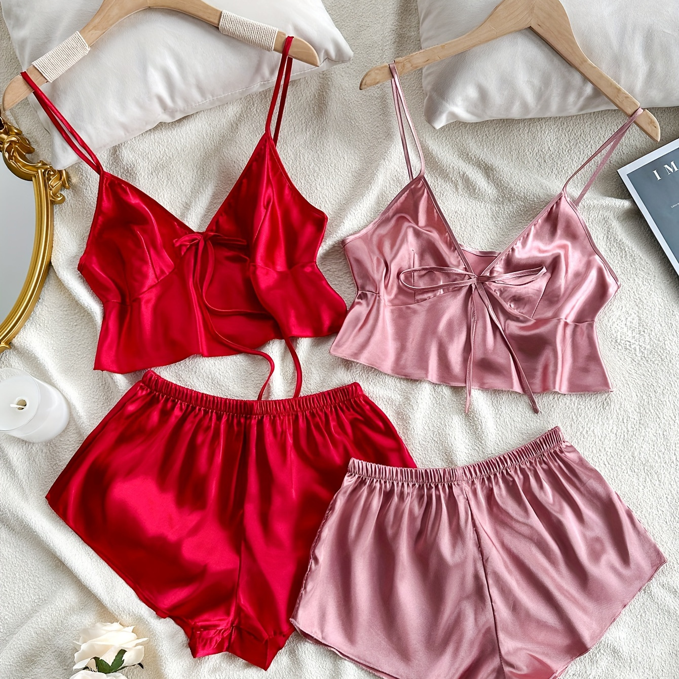 

4pcs -up Crop Top & Shorts Pajama Set Comfy Elastic Sleepwear For Women