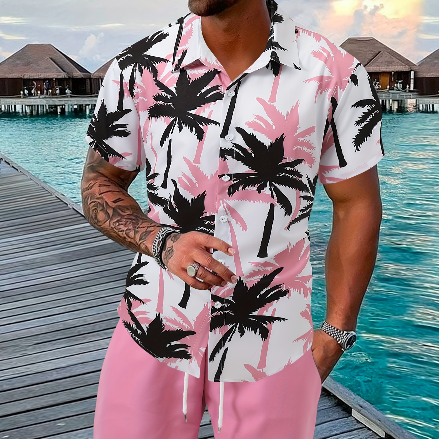 

2-piece Men's Hawaii Style Summer Co Ord Set, Men's Trees Pattern Allover Print Short Sleeve Button Up Lapel Shirt Top & Solid Drawstring Shorts With Pockets