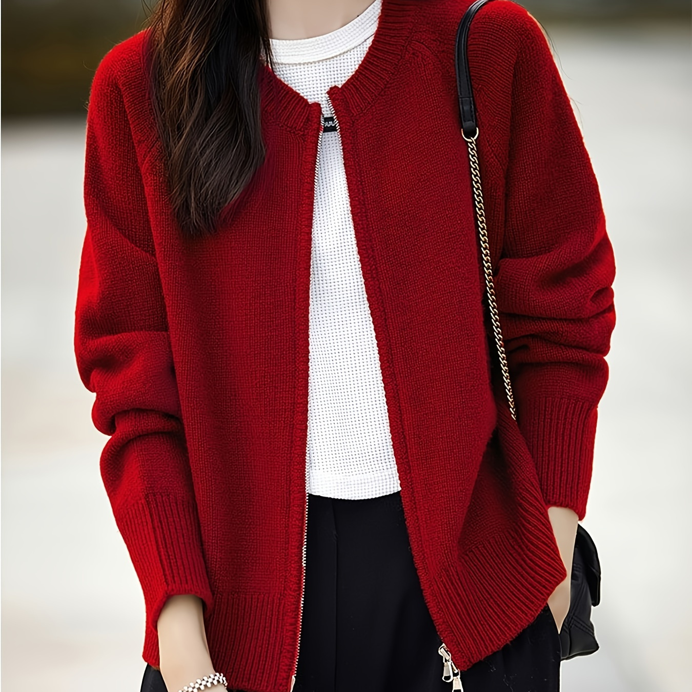 

Women's Red Zip-up Cardigan - Soft Acrylic Cashmere, Long Sleeve Knit Sweater Jacket, Elegant Loose Fit For Spring/fall, Casual Outfits With Pants And Tops