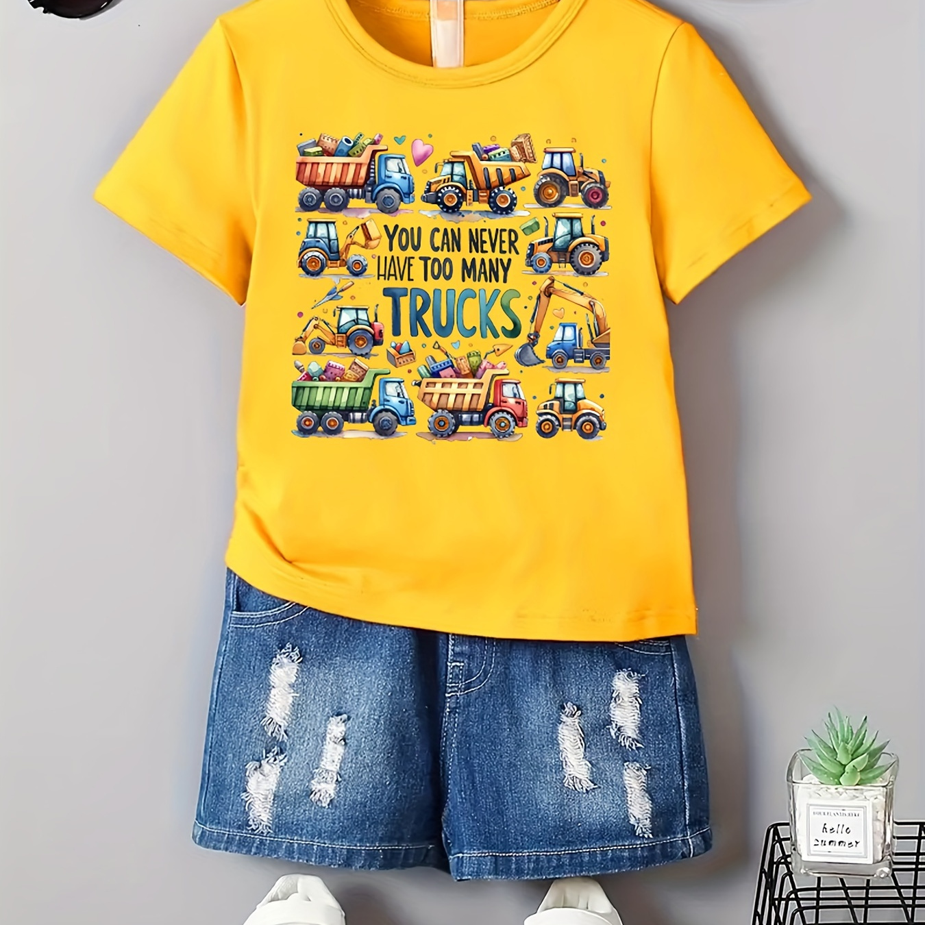 

Casual Stylish Boys' Summer Tops - Letters & Trucks Print Short Sleeve Crew Neck T-shirt Cute Gift