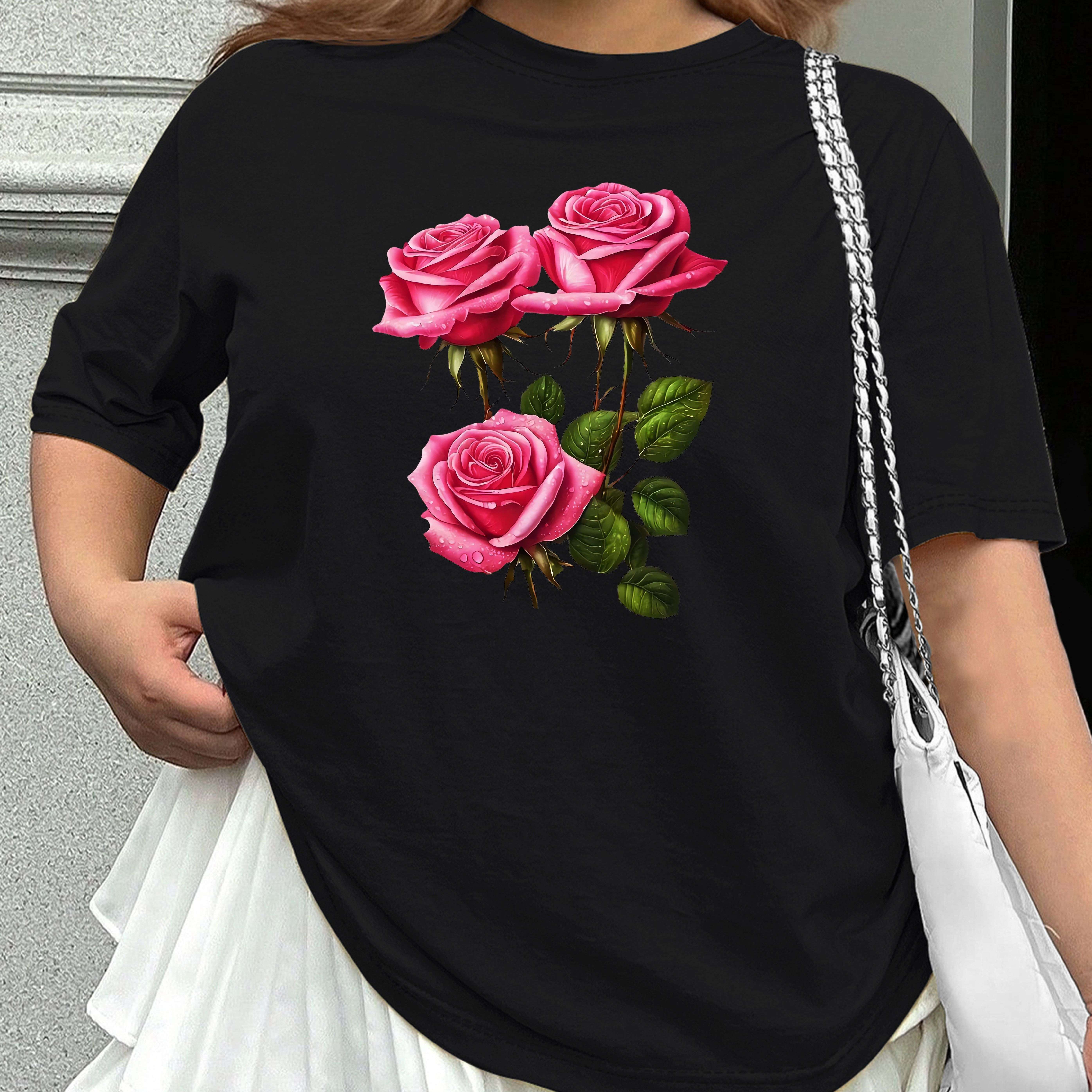 

Plus Size Rose Print Casual T-shirt, Round Neck Short Sleeves Fashion Sports Tee, Women's Activewear