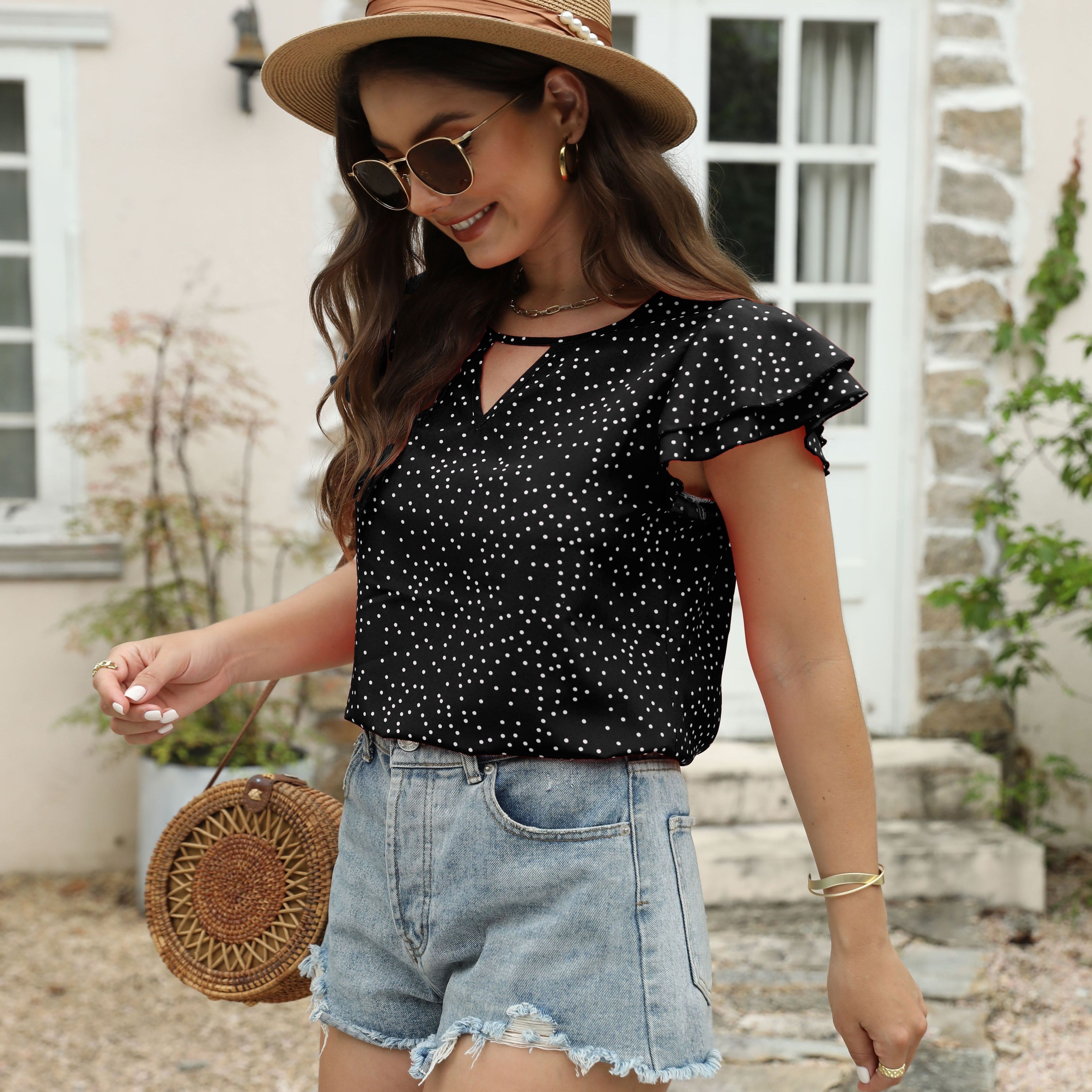 

Polka Dot Ruffle Layered Hem Blouse, Crew Neck Casual Blouse For Spring & Summer, Women's Clothing