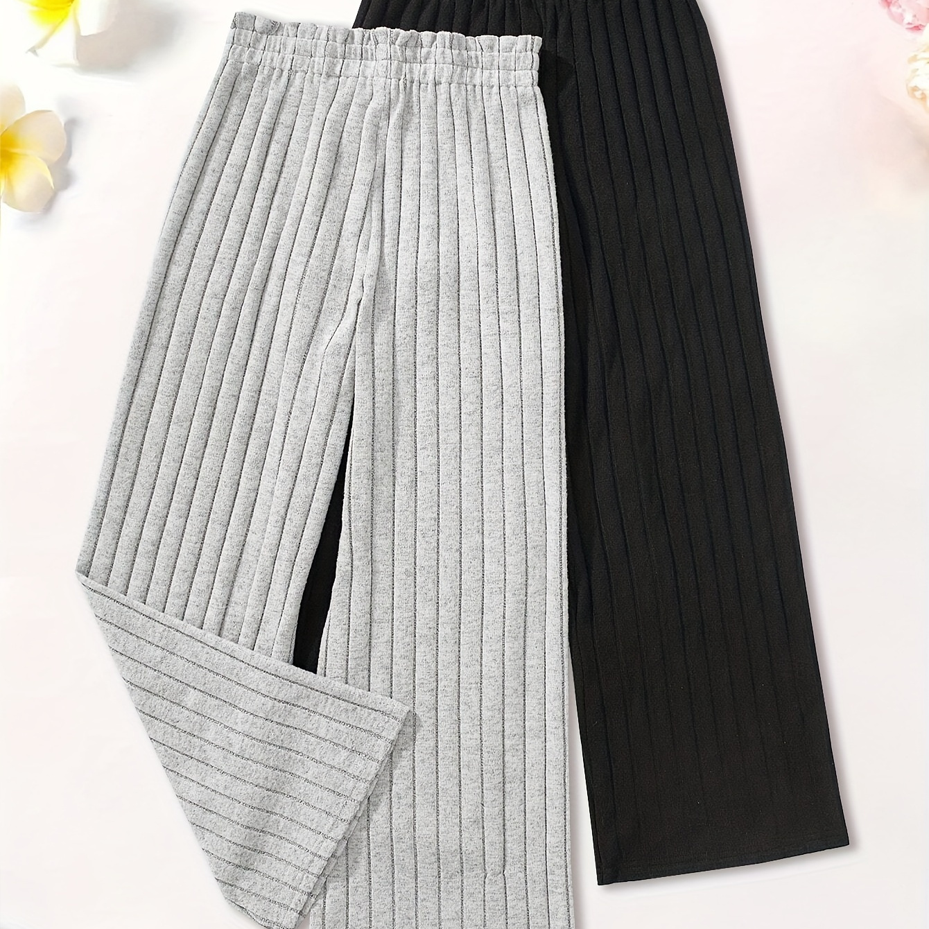 

Girls 2pcs/ & Plain Solid Colored Ribbed Wide Leg Pants For Spring & Fall