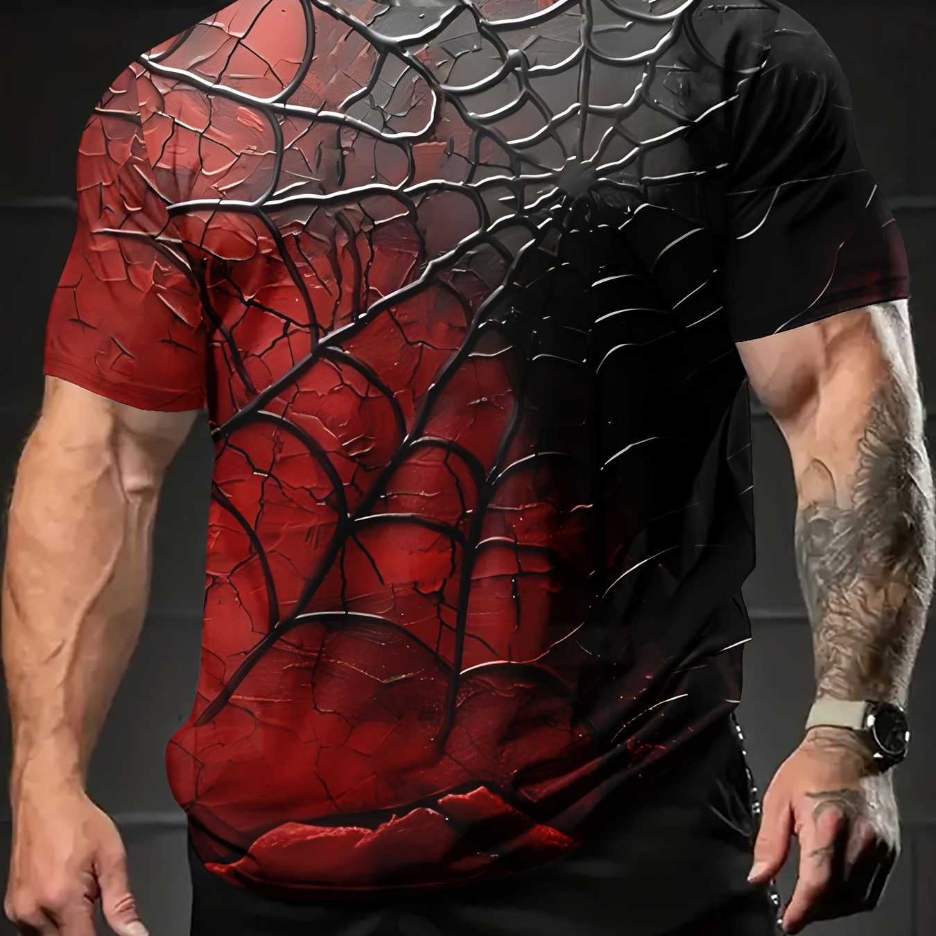 

Men's Dark Cobweb Graphic Tee - Casual Summer Short-sleeve Crew Neck T-shirt, Breathable Polyester, Machine Washable, Spider Web Design For Outdoor Activities