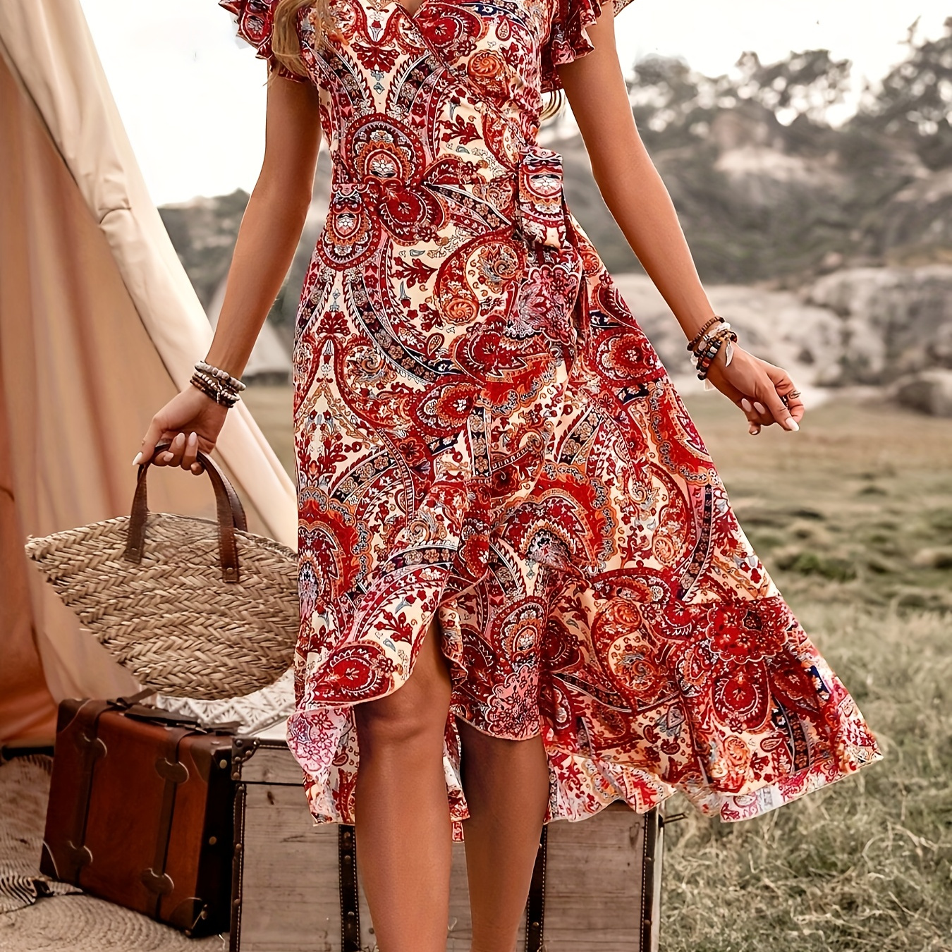 

Paisley Print Surplice Neck Dress, Vacation Style Ruffle Sleeve Tie Side Dress For Spring & Summer, Women's Clothing