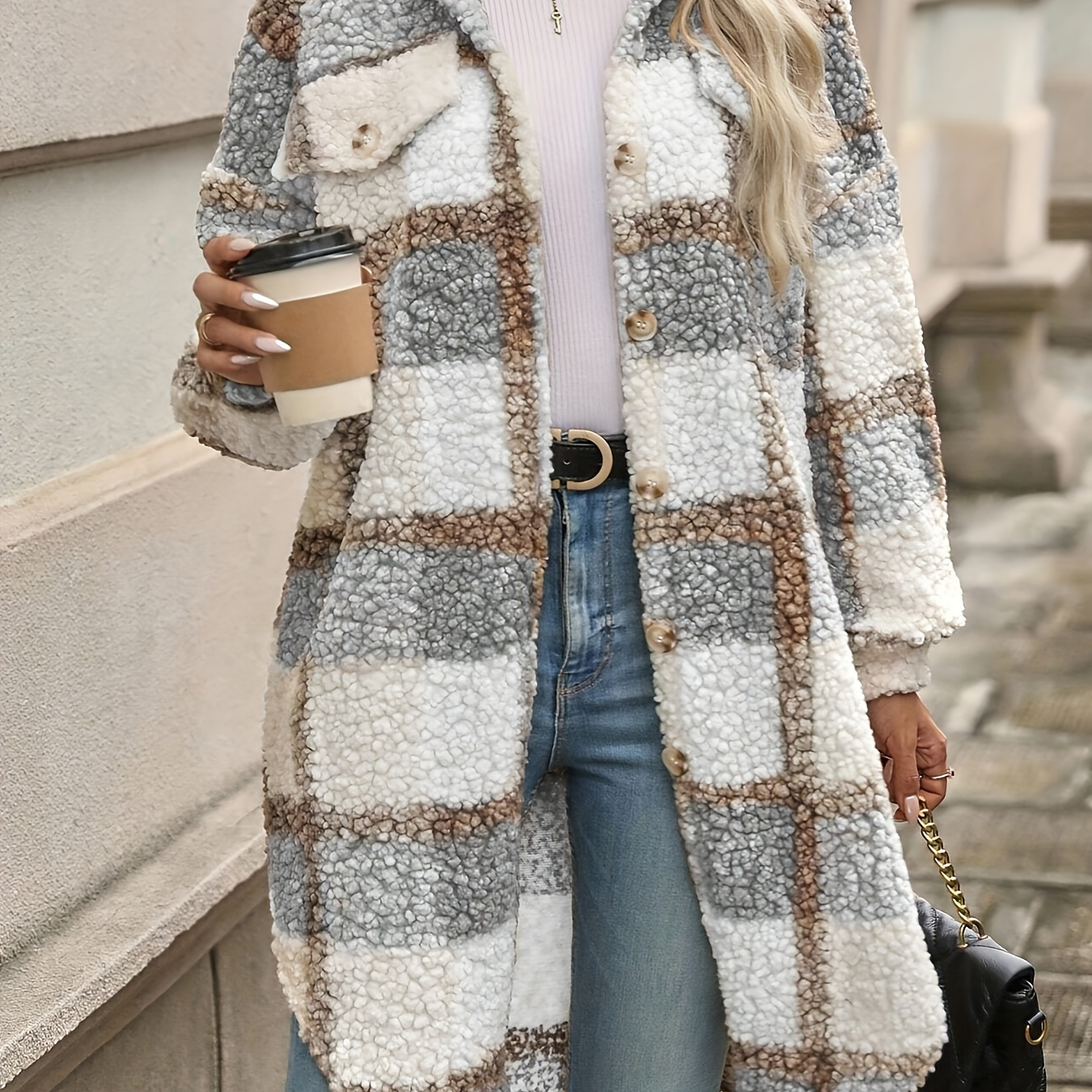 

Plaid Pattern Button Front Fuzzy Jacket, Casual Thermal Long Sleeve Long Length Collar Coat For Fall & Winter, Women's Clothing