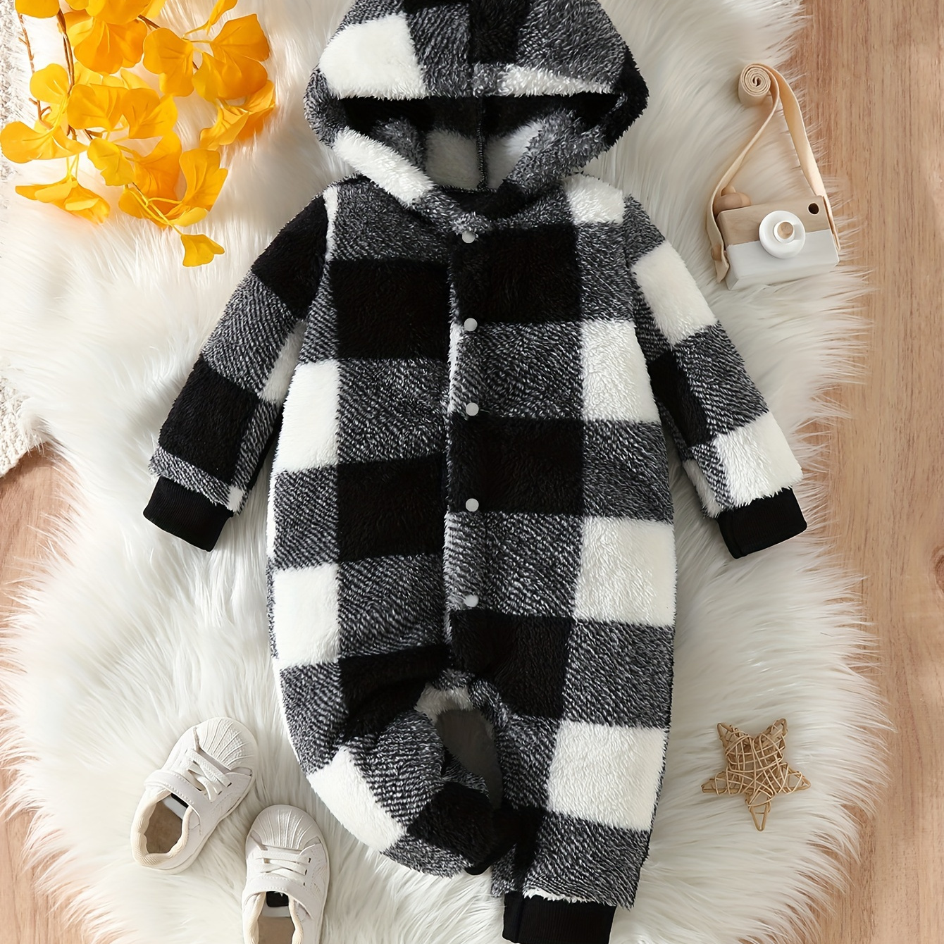 

Baby Boy's Thick Warm Plush Onesie, Hooded Long Sleeve Classic Plaid Jumpsuit For Autumn And Winter