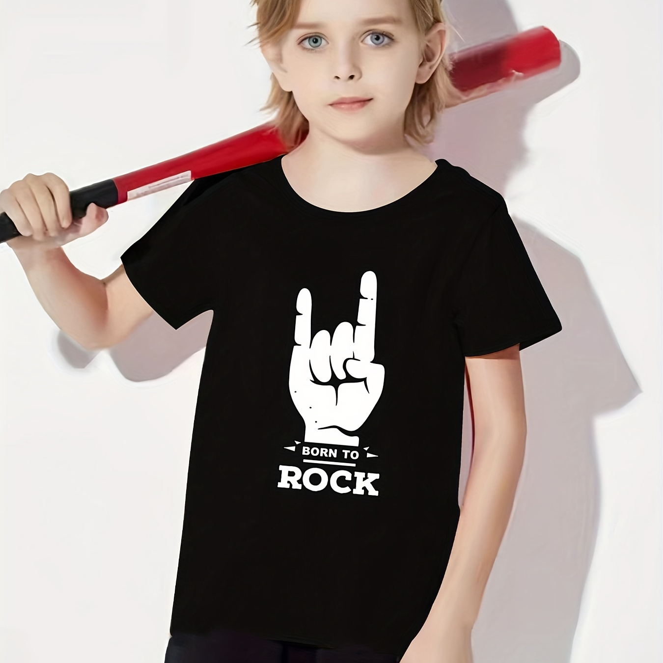 

Rock Gesture Print Boys Creative T-shirt, Casual Lightweight Comfy Short Sleeve Tee Tops, Kids Clothes For Summer