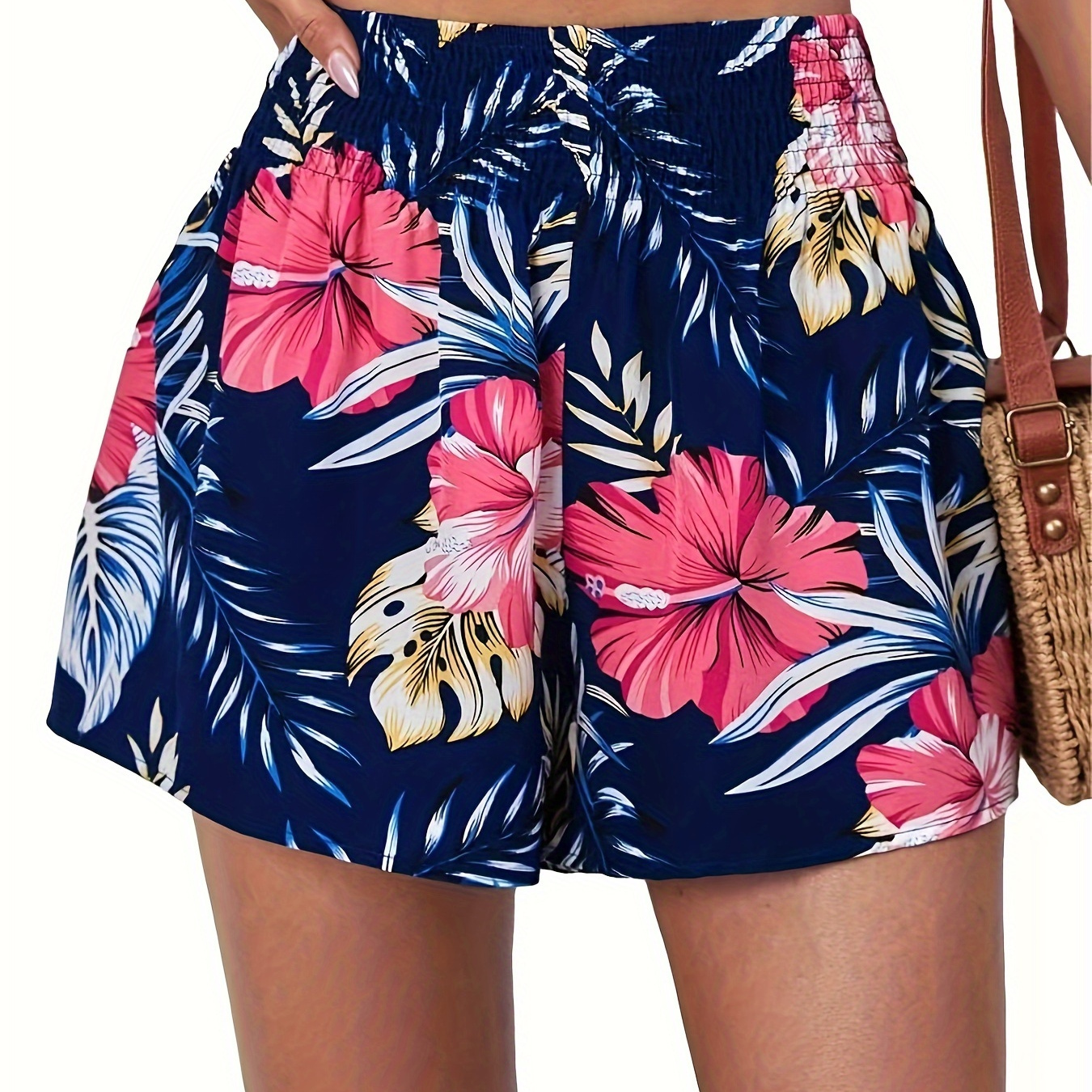 

Floral Print High Waist Loose Shorts, Vacation Shirred Waist Shorts For Spring & Summer, Women's Clothing