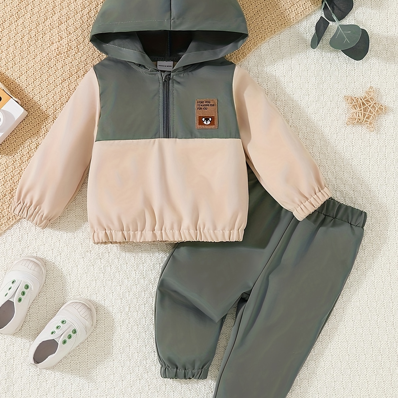 

2pcs Baby's Trendy Color Block Stitching Half Zipper Hoodie & Casual Pants, Toddler & Infant Boy's Clothing Set For Fall