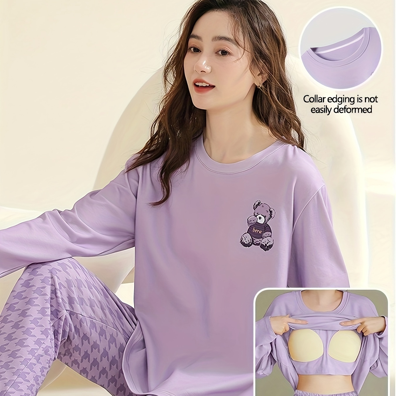 

Adult Casual Animal Pattern Pajama Set With Chest Cushion, Long Sleeve And Long Pants, Polyester Knit Fabric, Round Neck, Pullover, For Fall/winter - Purple