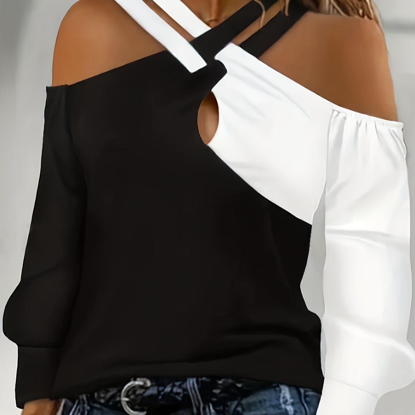

Plus Size Black & White Colorblock Top, Casual Cold Shoulder V Neck Long Sleeve Top, Women's Plus Size clothing