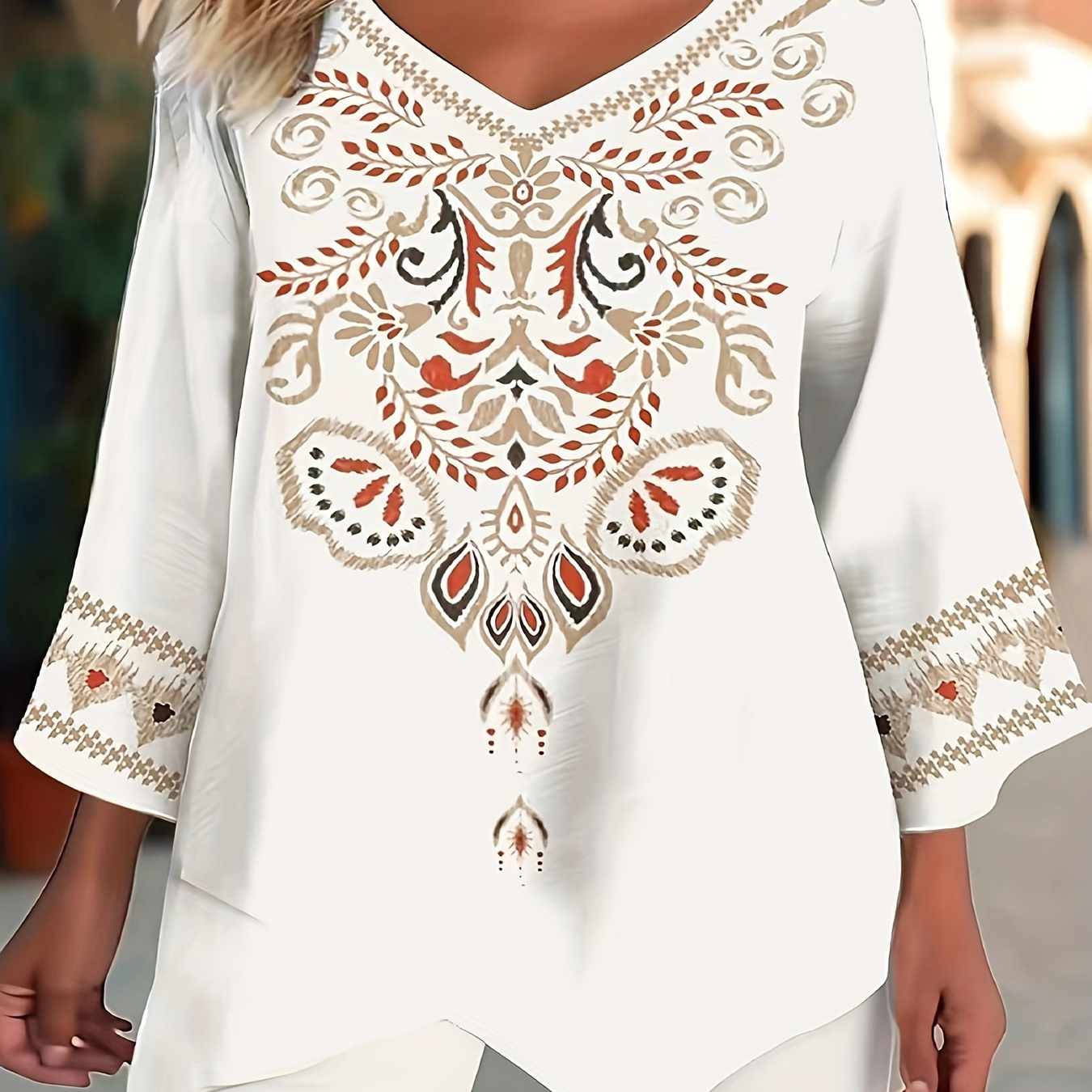 

Plus Size Graphic Print Top, Casual V Neck Long Sleeve Top, Women's Plus Size clothing