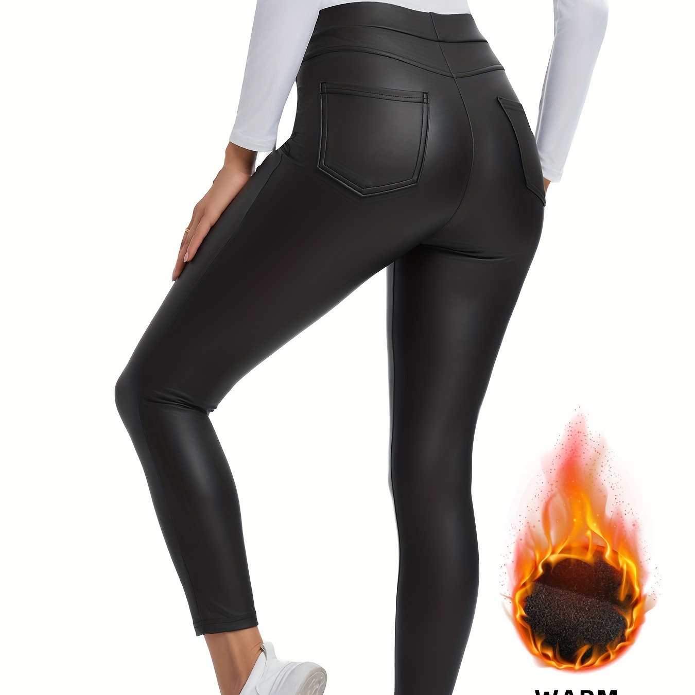 

Pantalon skinny en cuir PU avec poches, élégant pantalon chaud et épais à taille haute extensible pour l'hiver et , vêtements pour femmes.