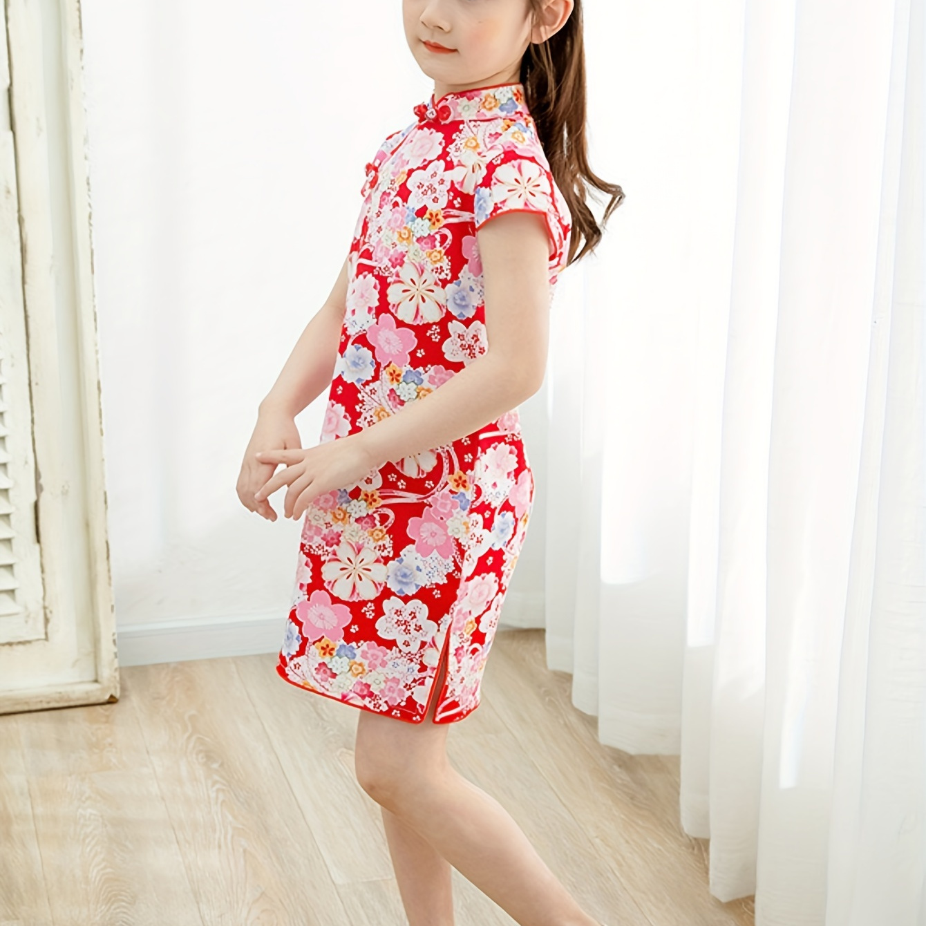 

100% Cotton Girls Short Sleeve Flower Print Chinese Qipao Dress Party Gift (chinese Size, Please Check The Size Guide Carefully)