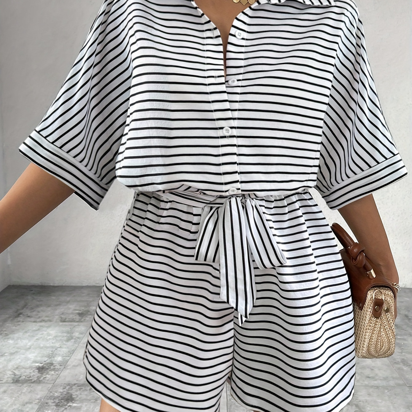 

Striped Print Collared Romper Jumpsuit, Casual Three-quarter Sleeve Single-breasted Tie Waist Romper Jumpsuit, Women's Clothing