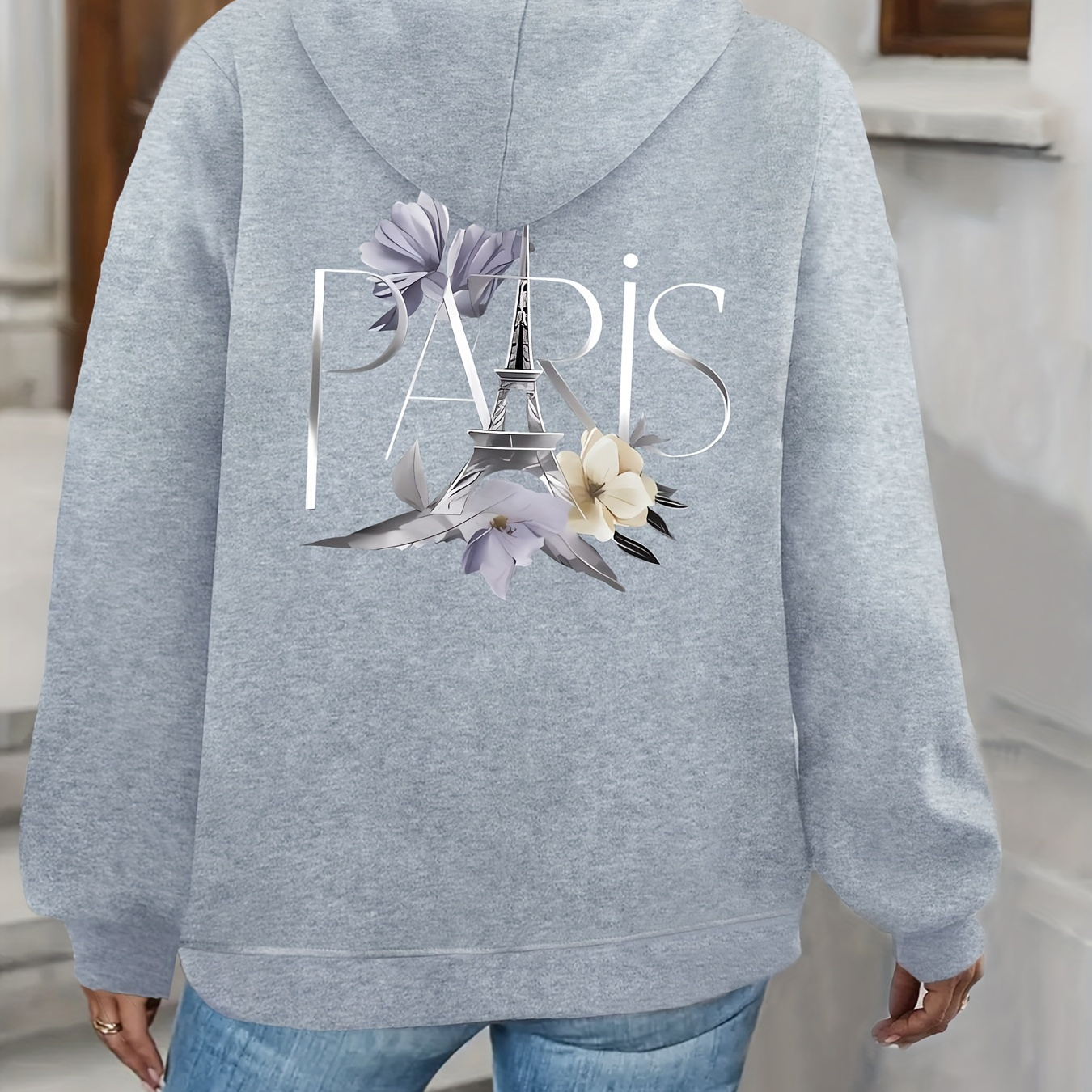 

Paris Print Zipper Pocket Hoodie, Drawstring Casual Hooded Sweatshirt For Winter & Fall, Women's Clothing