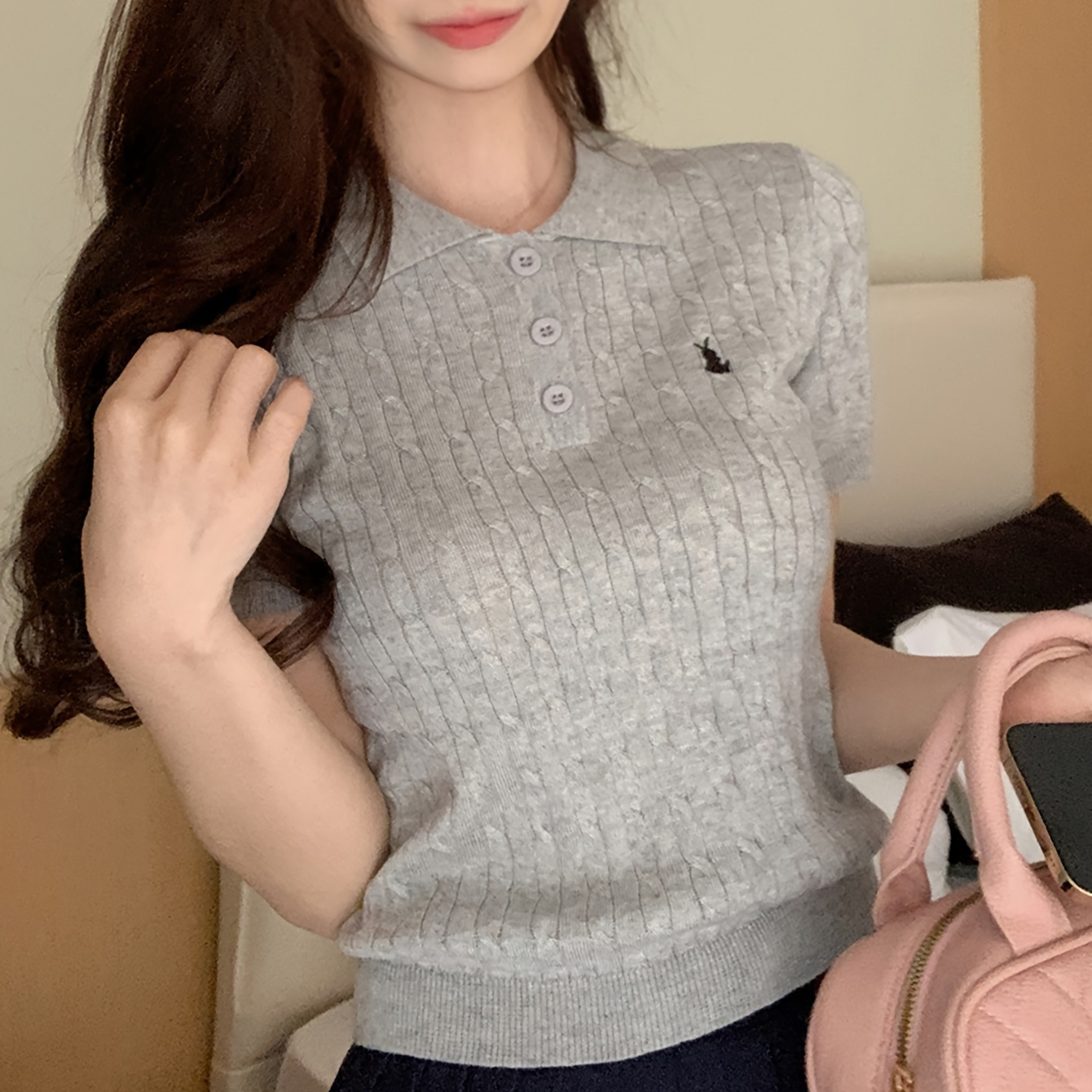 

Cable Knit Rabbit Pattern Sweater, Casual Button Front Collared Short Sleeve Sweater, Women's Clothing