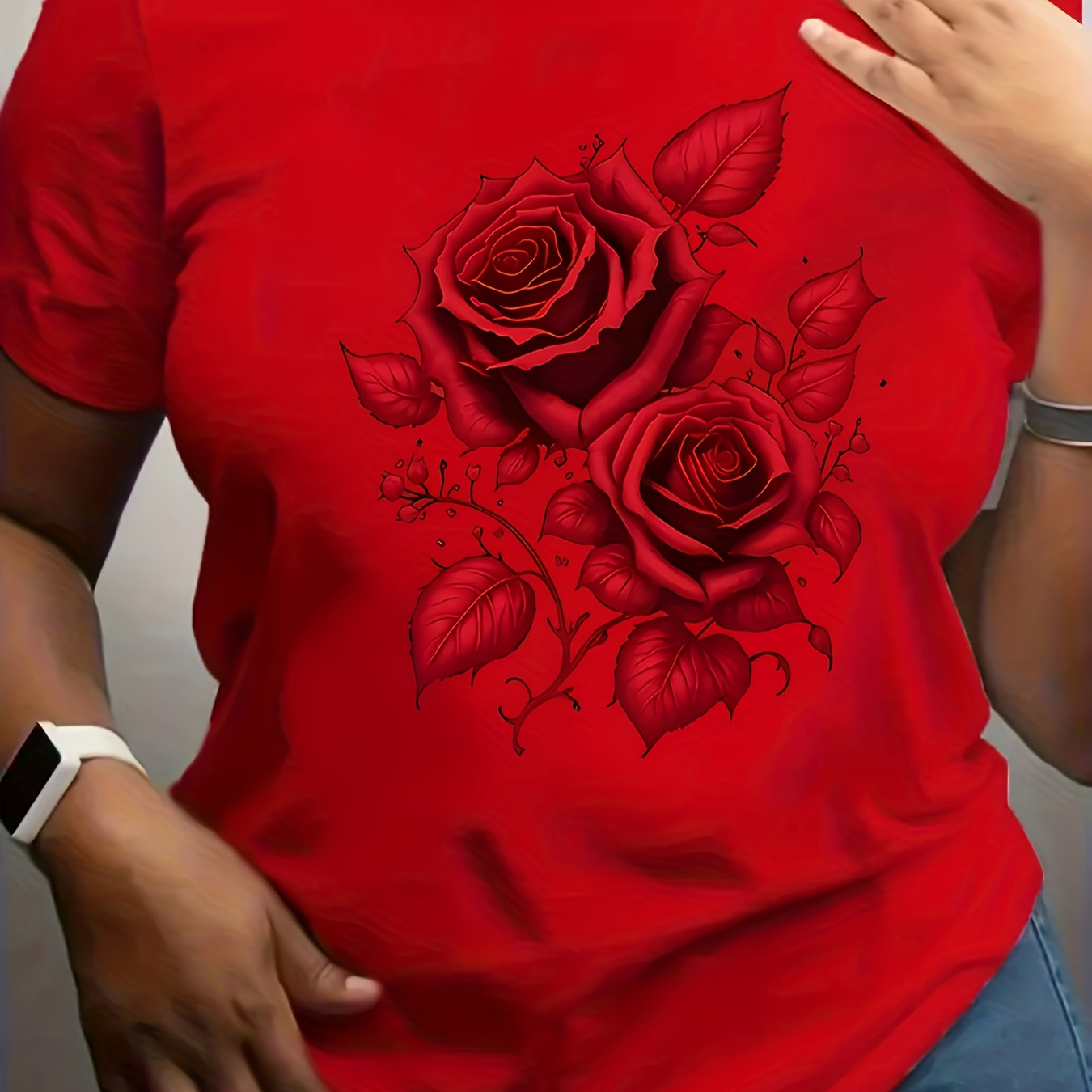 

T-shirt à imprimé floral grande taille, haut décontracté à col rond en polyester avec une légère élasticité, tissu tricoté, à en toute .