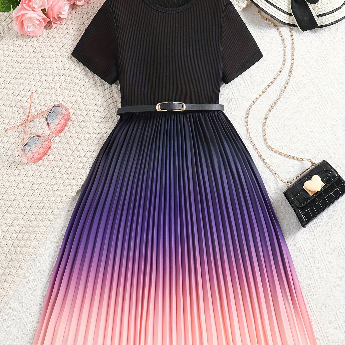 

Elegant Girls Gradient Pleated Dress Short Sleeve Dresses Summer Clothes Party Gift