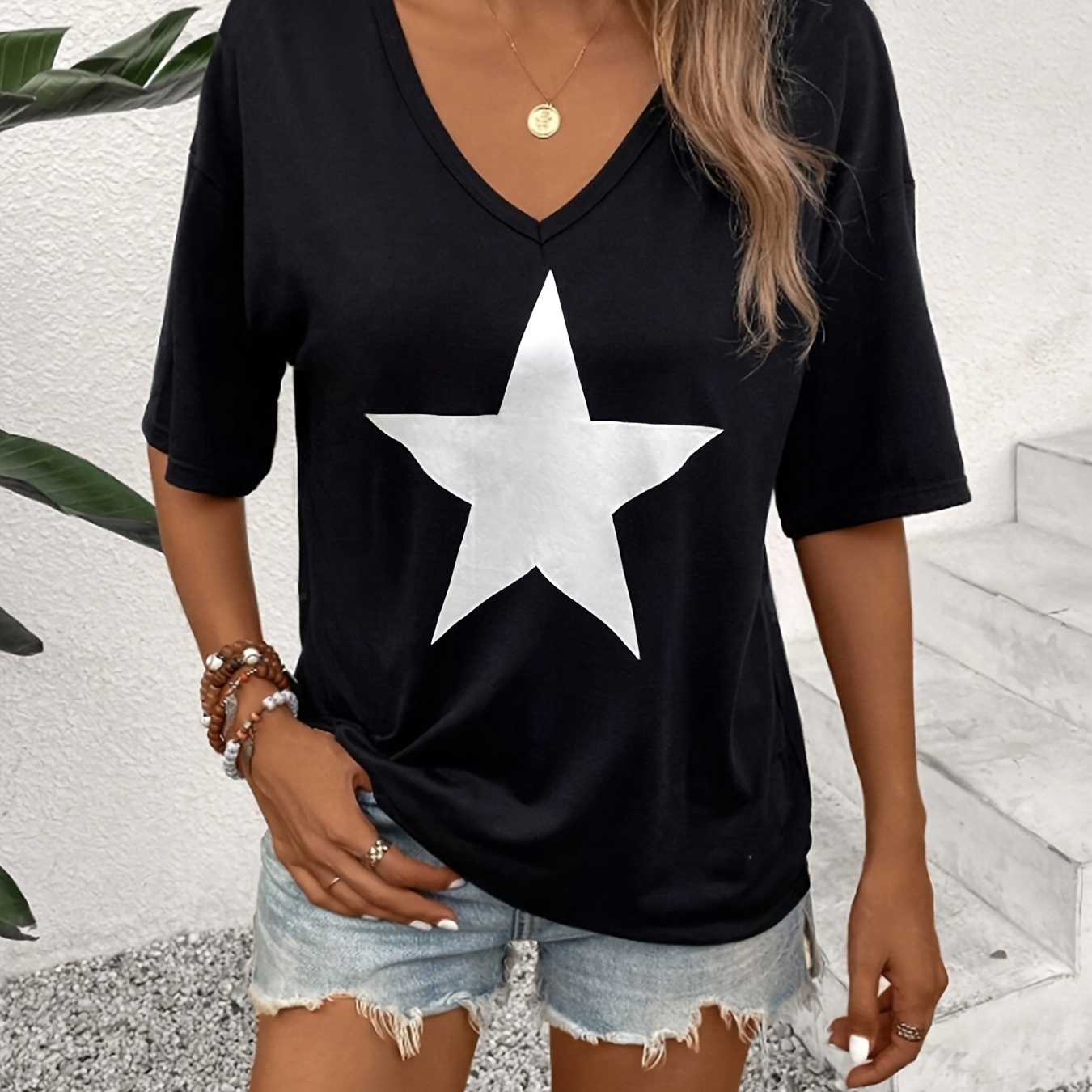 

Star Print V Neck T-shirt, Short Sleeve Casual Top For Spring & Summer, Women's Clothing