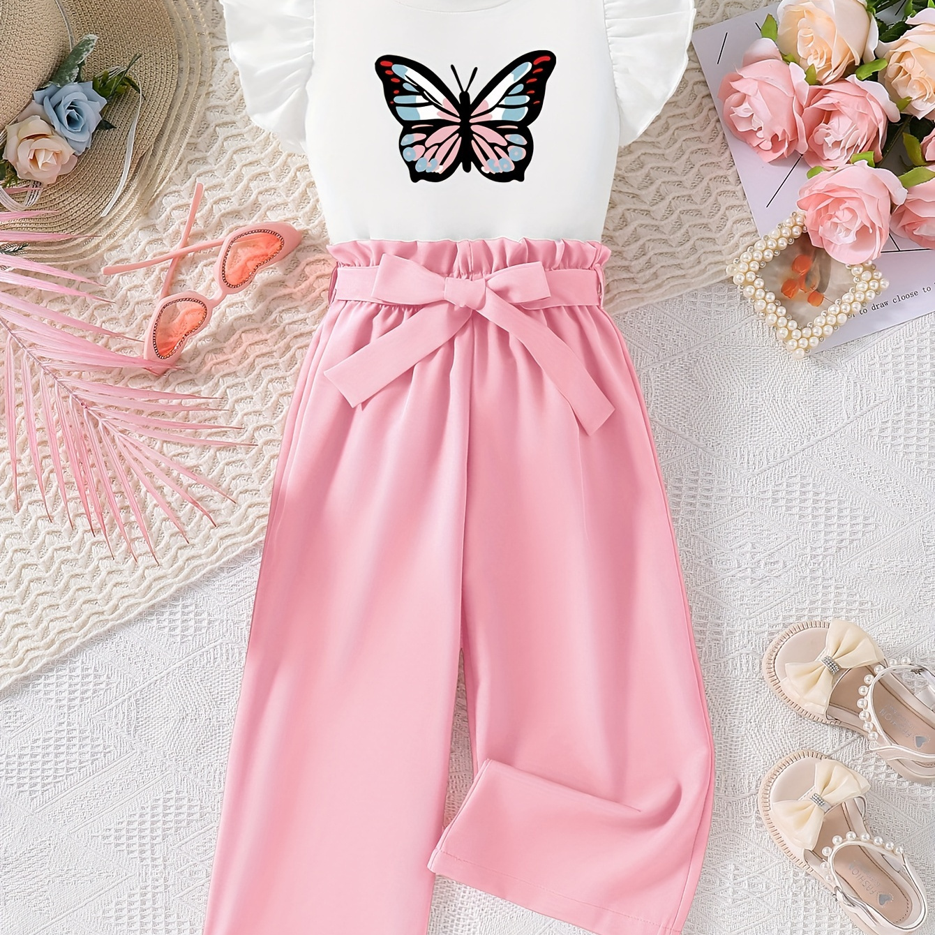 

2pcs, Butterfly Graphic Frill Sleeve Crew Neck T-shirt + Solid Color Straight Pants With Belt Set For Girls, Comfy And Trendy Summer Gift