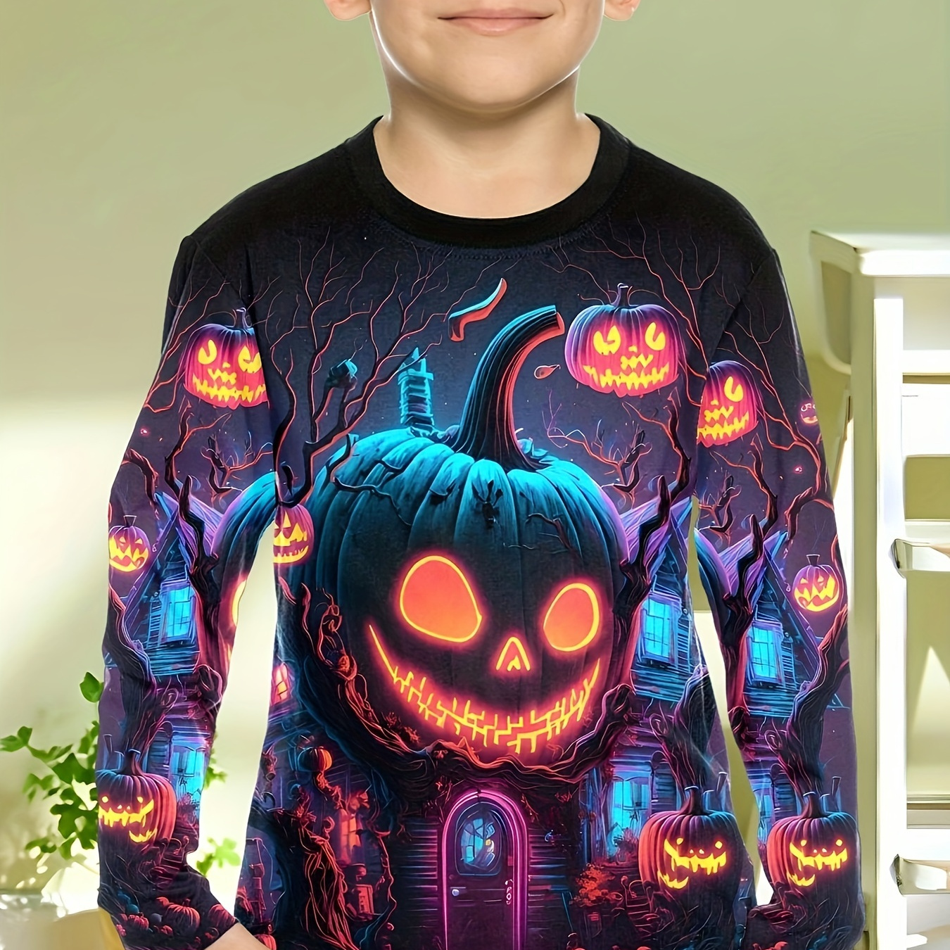 

Boys Novelty T-shirt, Pumpkin Pattern Long Sleeve Top, Perfect For Fun-loving Boys