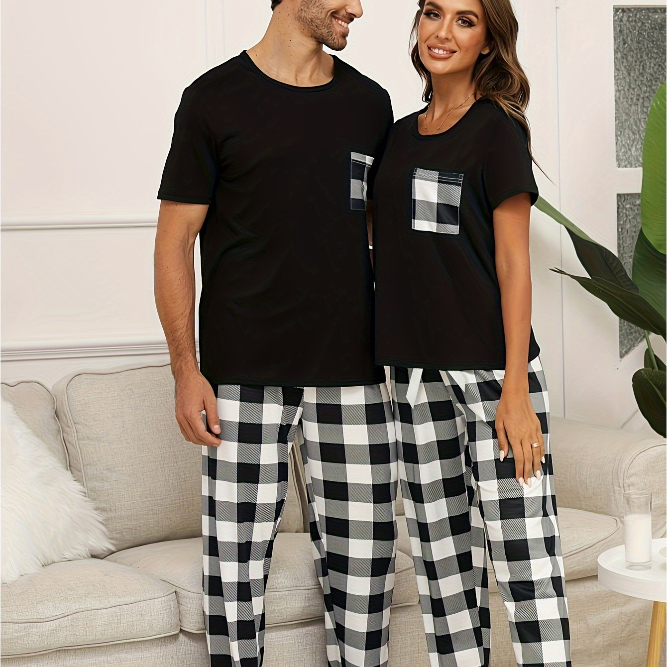 

Men's Simple Style Casual Couple Pajamas Sets, Short Sleeve Crew Neck Top & Loose Checkered Pants Lounge Wear, Outdoor Sets For Spring Autumn, As Valentine's Day Gifts