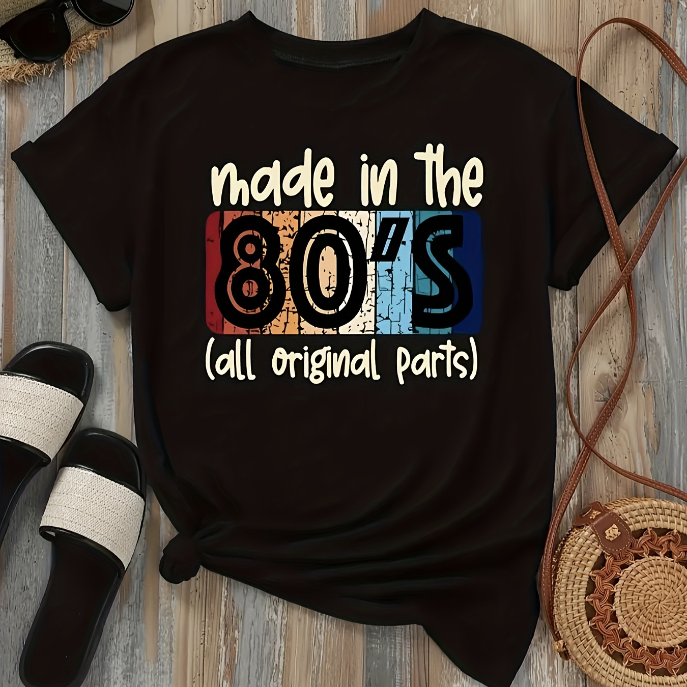 

Vibrant Alphabet Neck Short Sleeve T-shirt - Mid Stretch Polyester Fabric, Regular Length, , 80's Printing - All