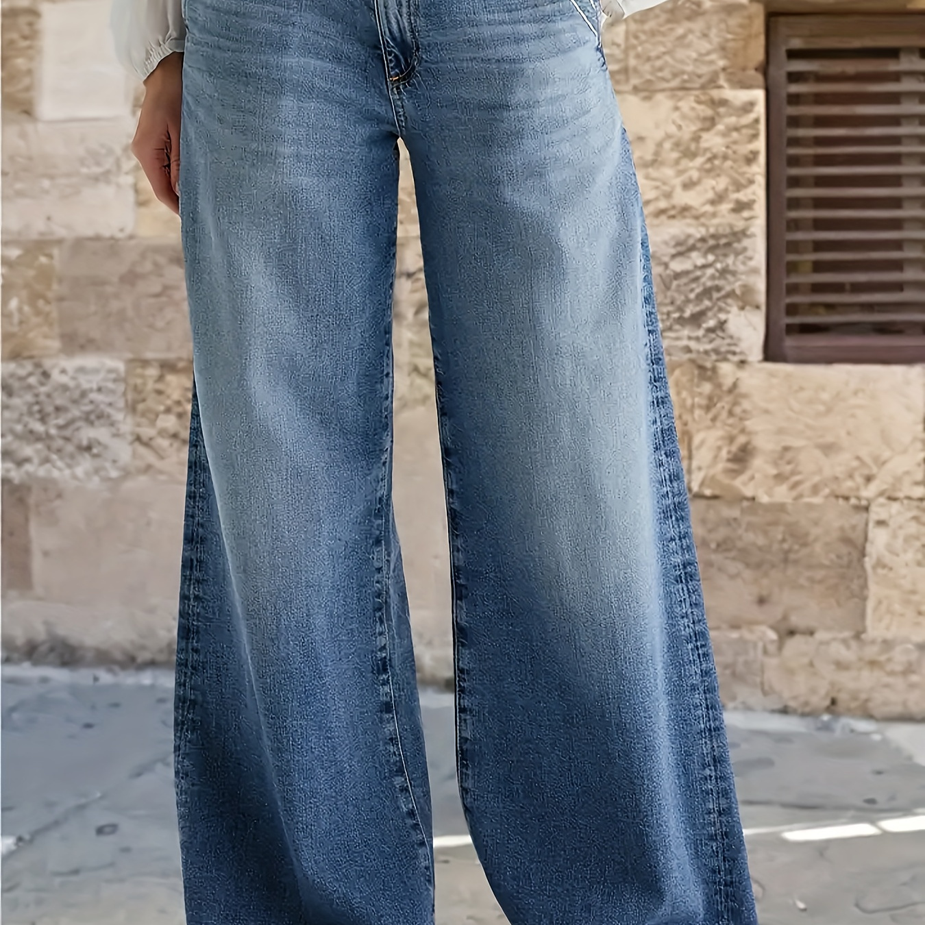 

Women's Casual Denim Jeans - Long Straight Fit, Solid Color, Woven Fabric, Non-stretch, , With Pockets