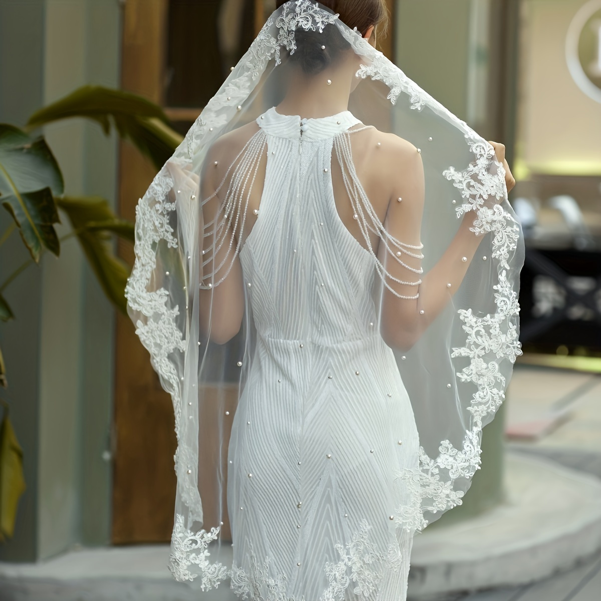 Bride Faux Pearl Veil White Wedding Bridal Tiara Veil with Many Tiers Vintage Wedding Accessories,Temu