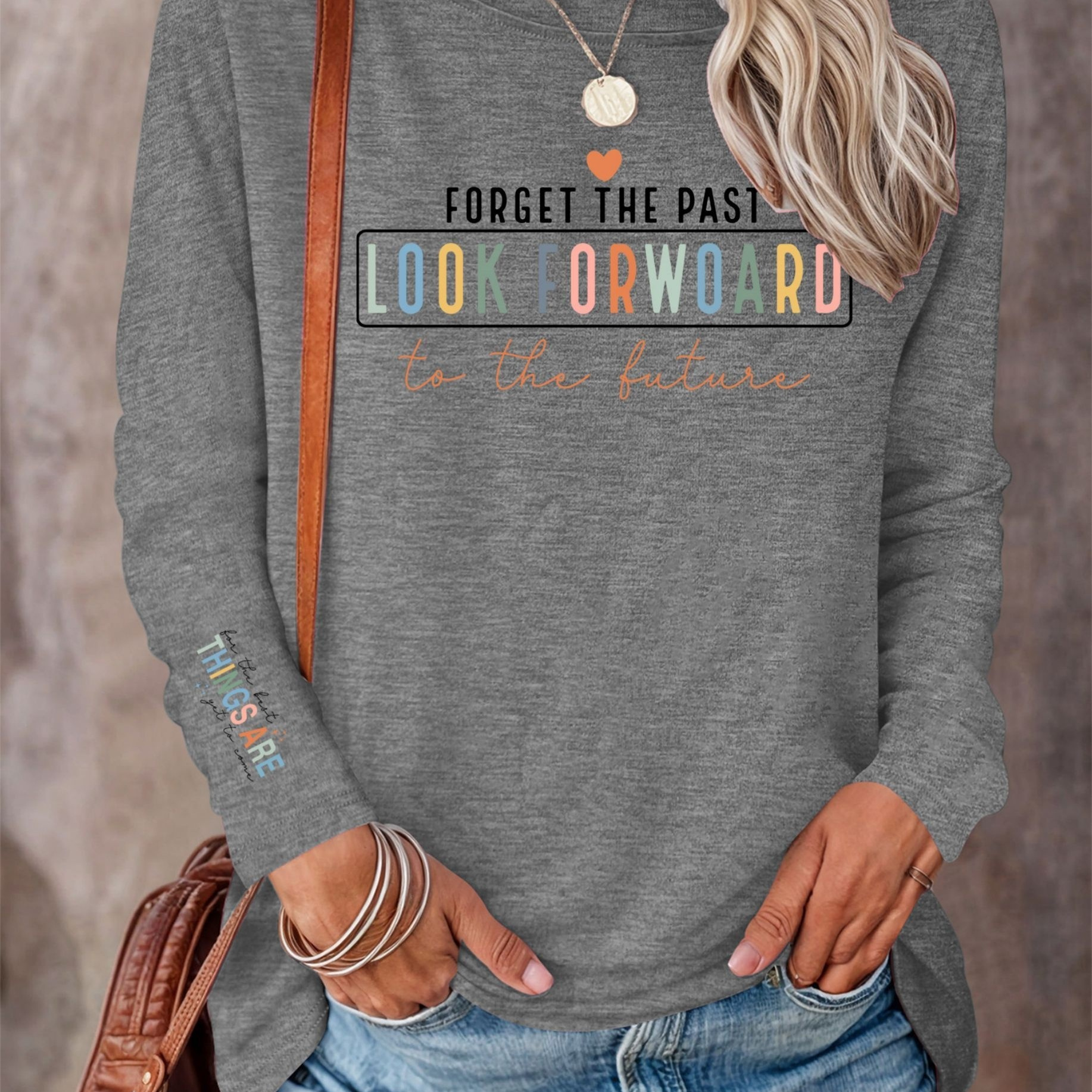 

Letter Print T-shirt, Long Sleeve Crew Neck Casual Top For Spring & Fall, Women's Clothing