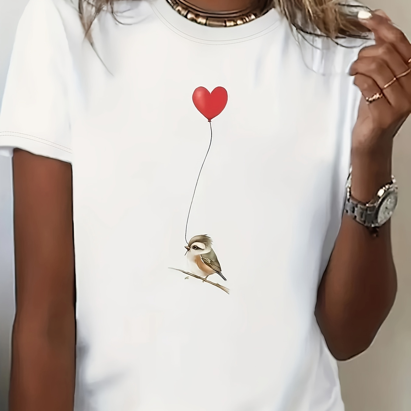 

Women's Casual Heart & Bird Graphic Tee - Soft Polyester , Crew Neck, Short Sleeve, Relaxed Fit T-shirt With Machine Washable - Summer, 2024, Amazon, Base Layer