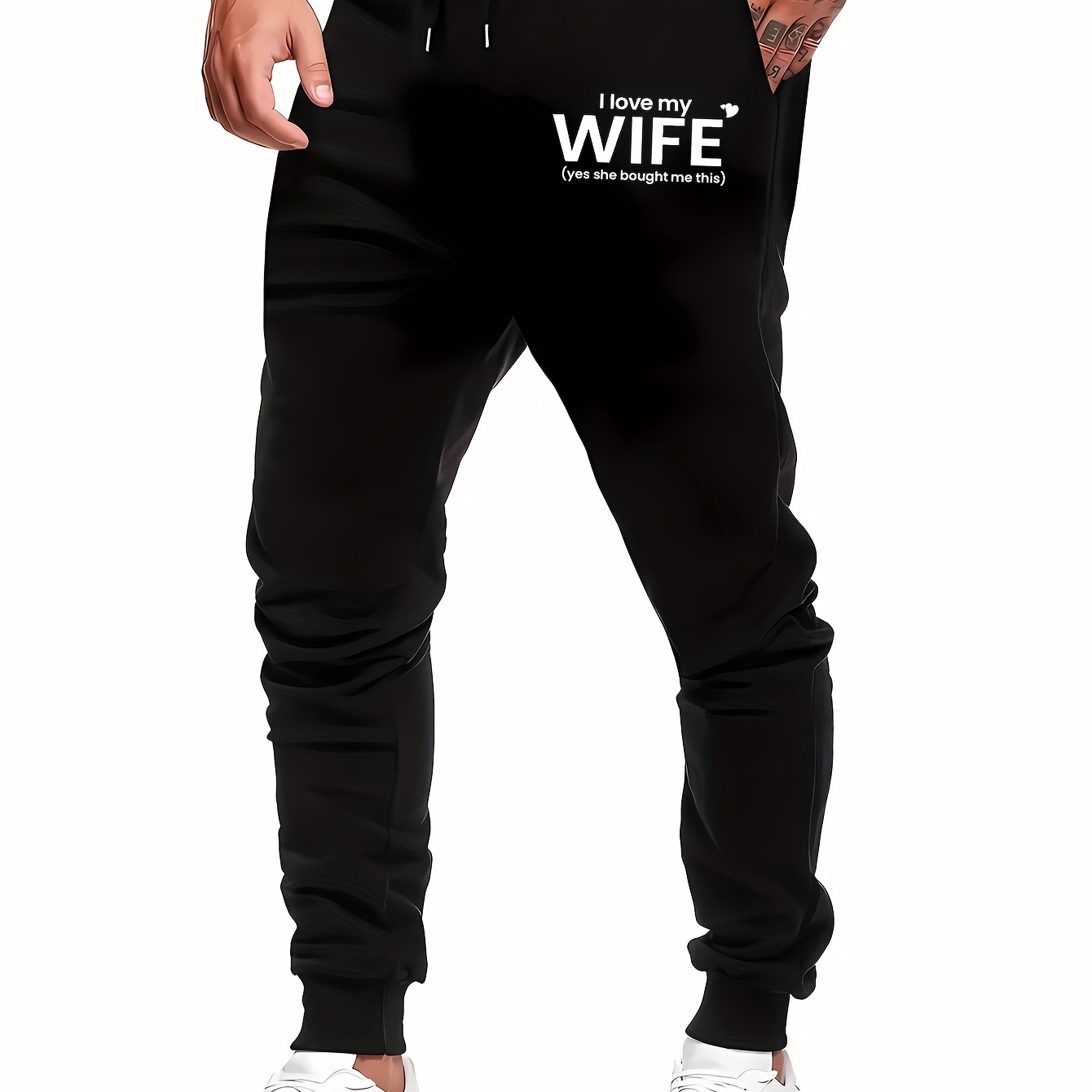 

i Love My Wife" Print Joggers, Men's Casual Stretch Waist Drawstring Sports Pants Sweatpants