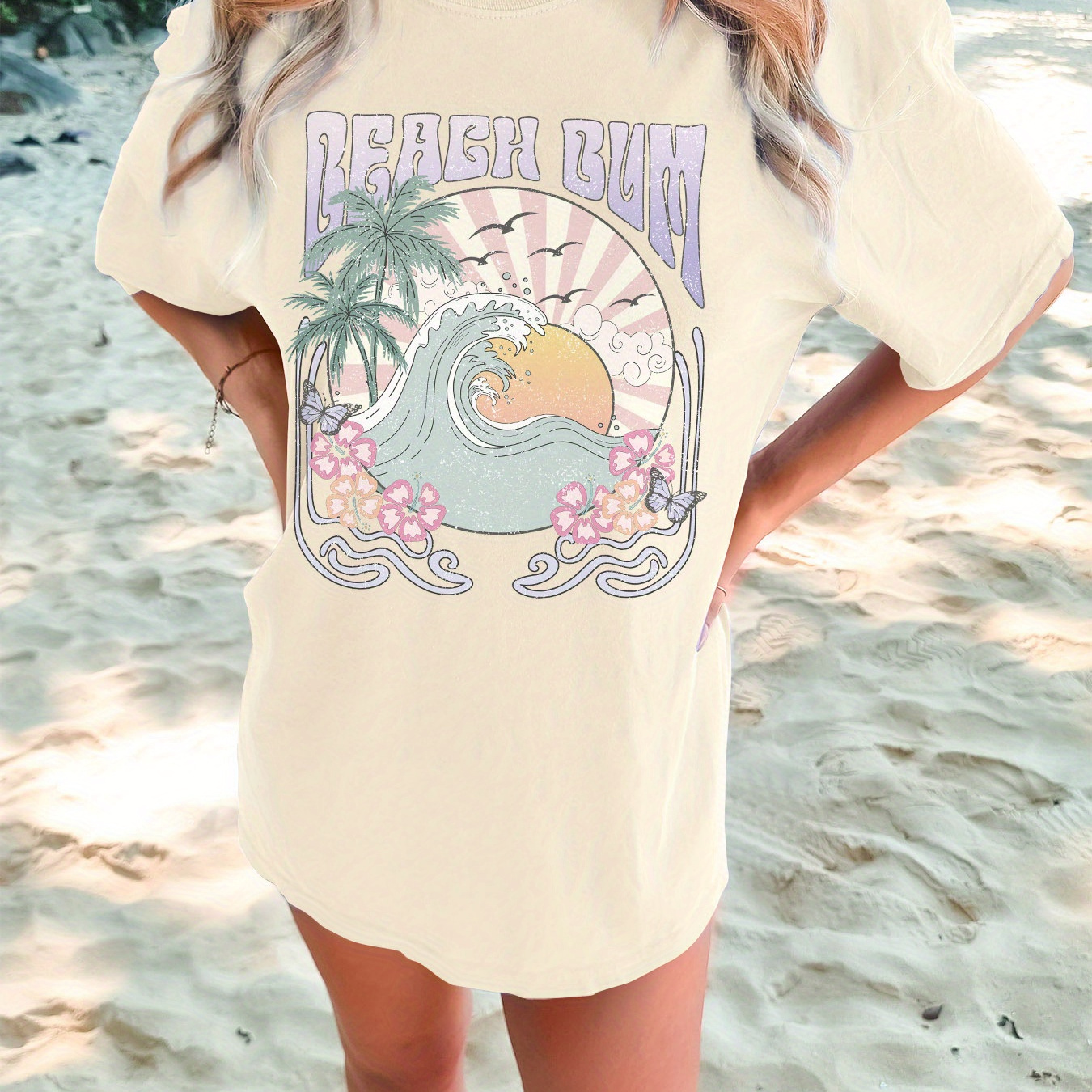 

Beach Bum Print T-shirt, Short Sleeve Crew Neck Casual Top For Summer & Spring, Women's Clothing
