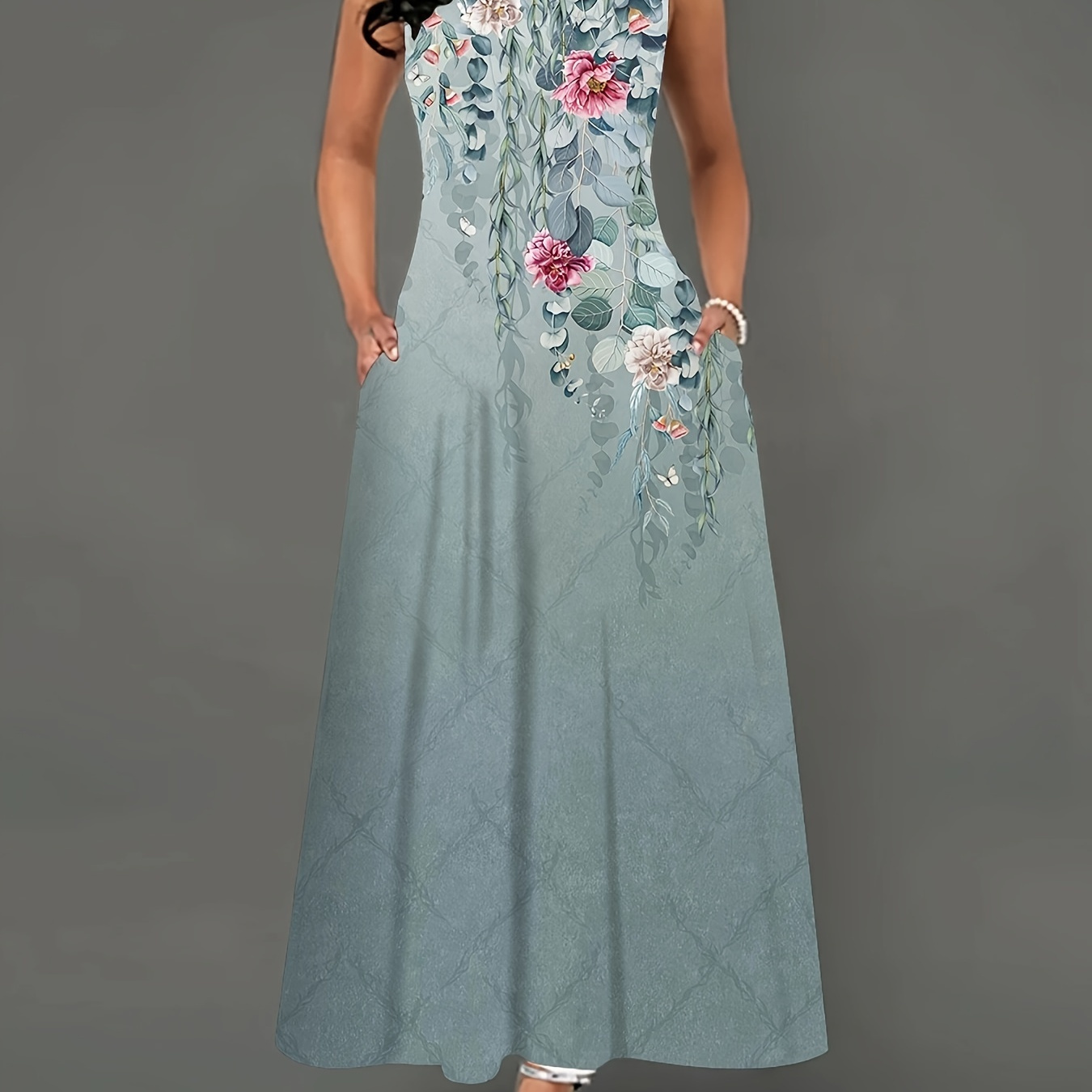 

Floral Print With Pocket Dress, Elegant Sleeveless Keyhole Neckline Dress For Spring & Summer, Women's Clothing