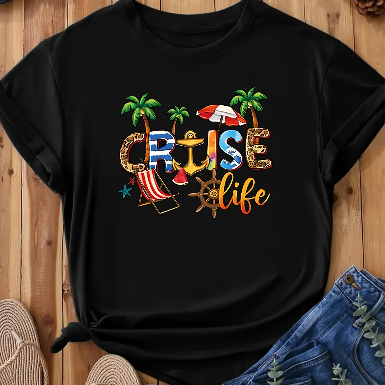 

Cruise Life Coconut Tree Graphic Short Sleeve T-shirt, Women's Crew Neck Casual Sports T-shirt, Women's Activewear