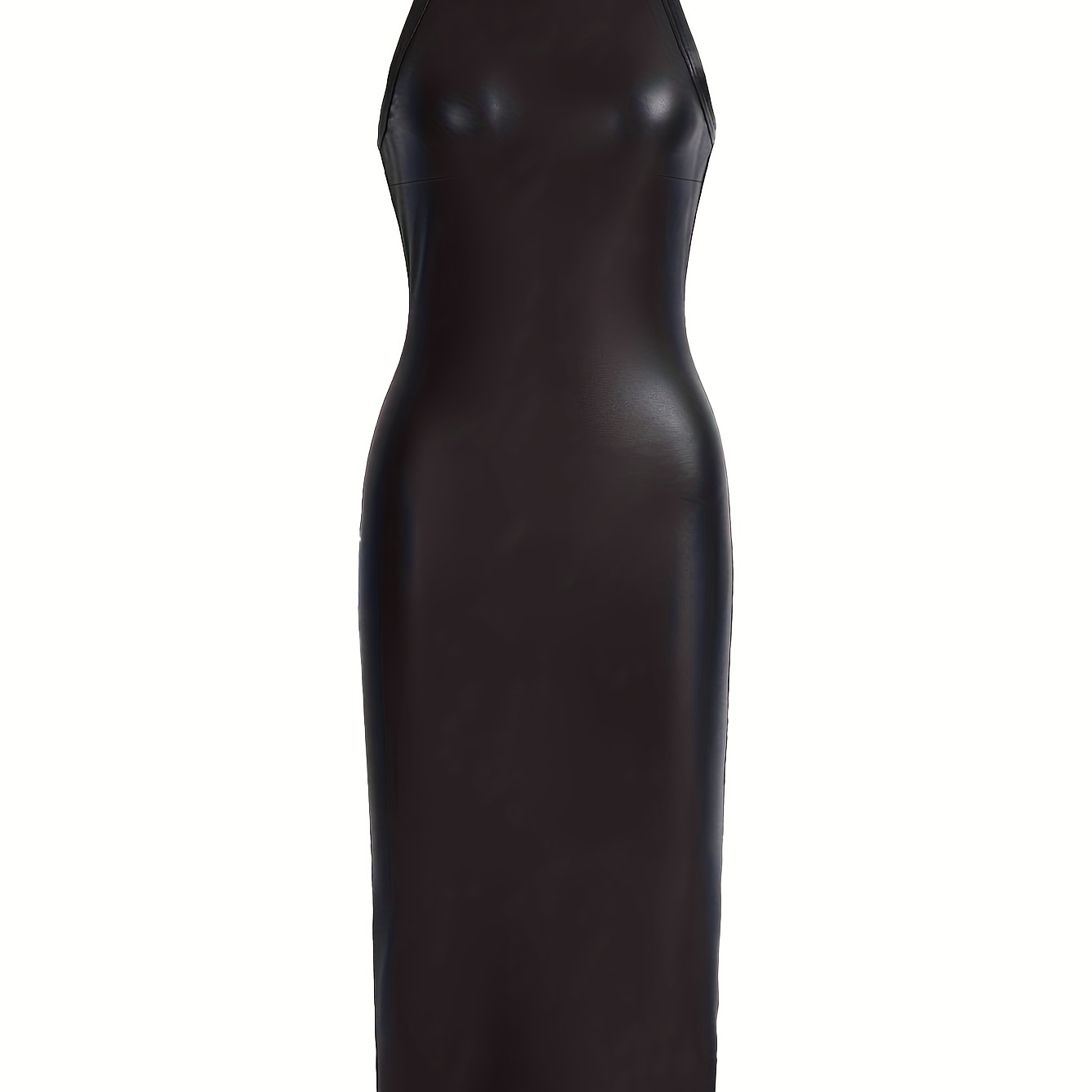 

Solid Pu Leather Halter Bodycon Dress, Sexy Sleeveless Waist Dress, Women's Clothing