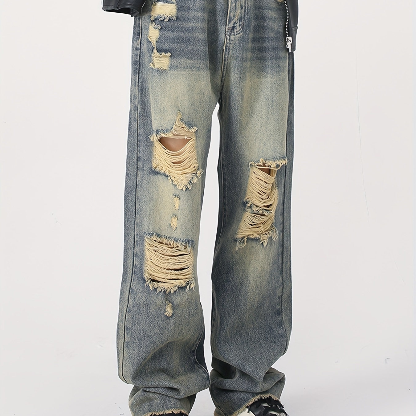 

Men's Retro Distressed, Washed, Yellowed, Scraped And Torn Jeans, High Street Loose Fitting Straight Leg Pants