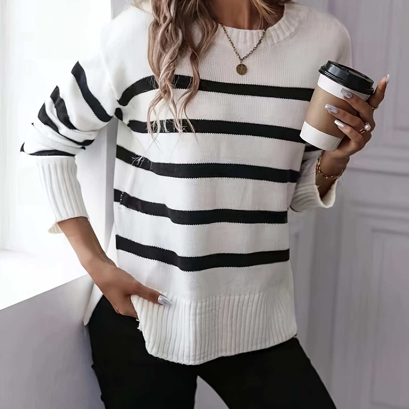 

And Striped Pullover Sweater, Long Knitted Sweater For Fall & , Women's Clothing