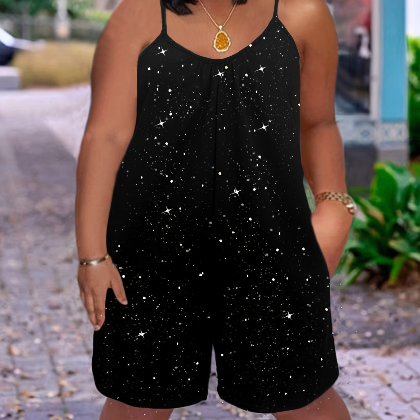 

Plus Size Sequin Slip Romper, Casual Sleeveless Romper With Pockets, Women's Plus Size clothing