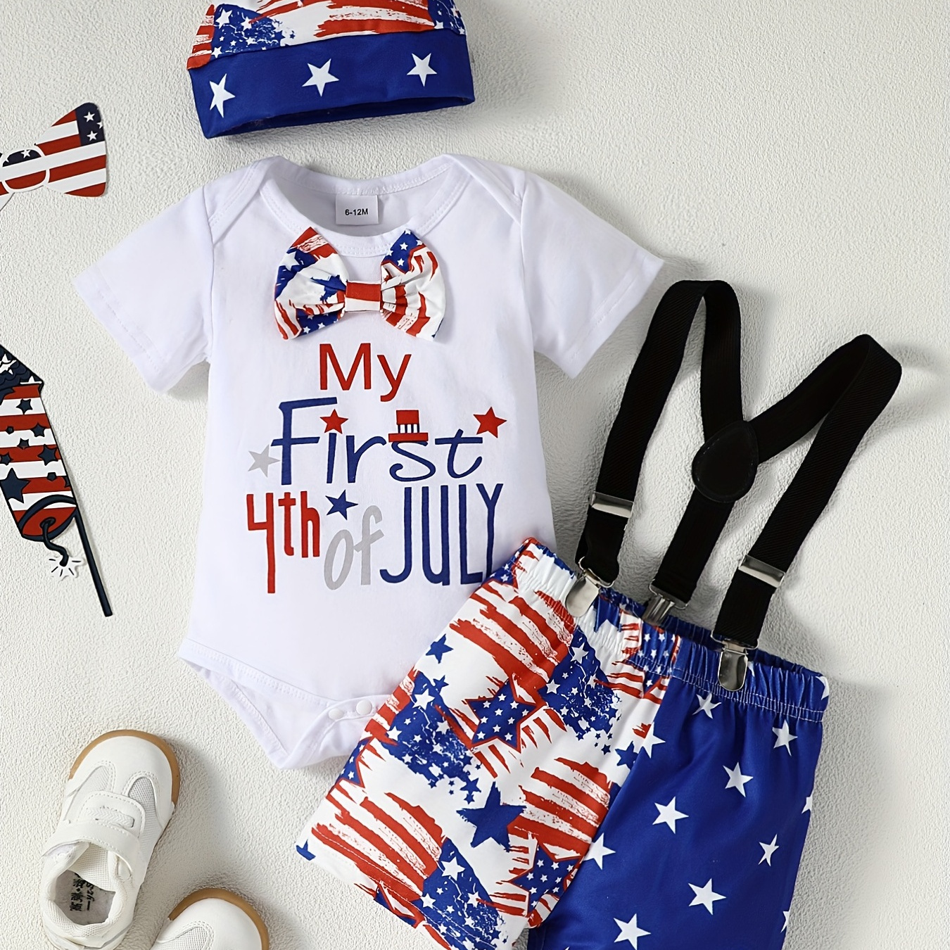 

3pcs Baby Boys Casual "my First 4th Of July" Short Sleeve Onesie & Suspender Shorts & Hat Set Clothes For Independence Day
