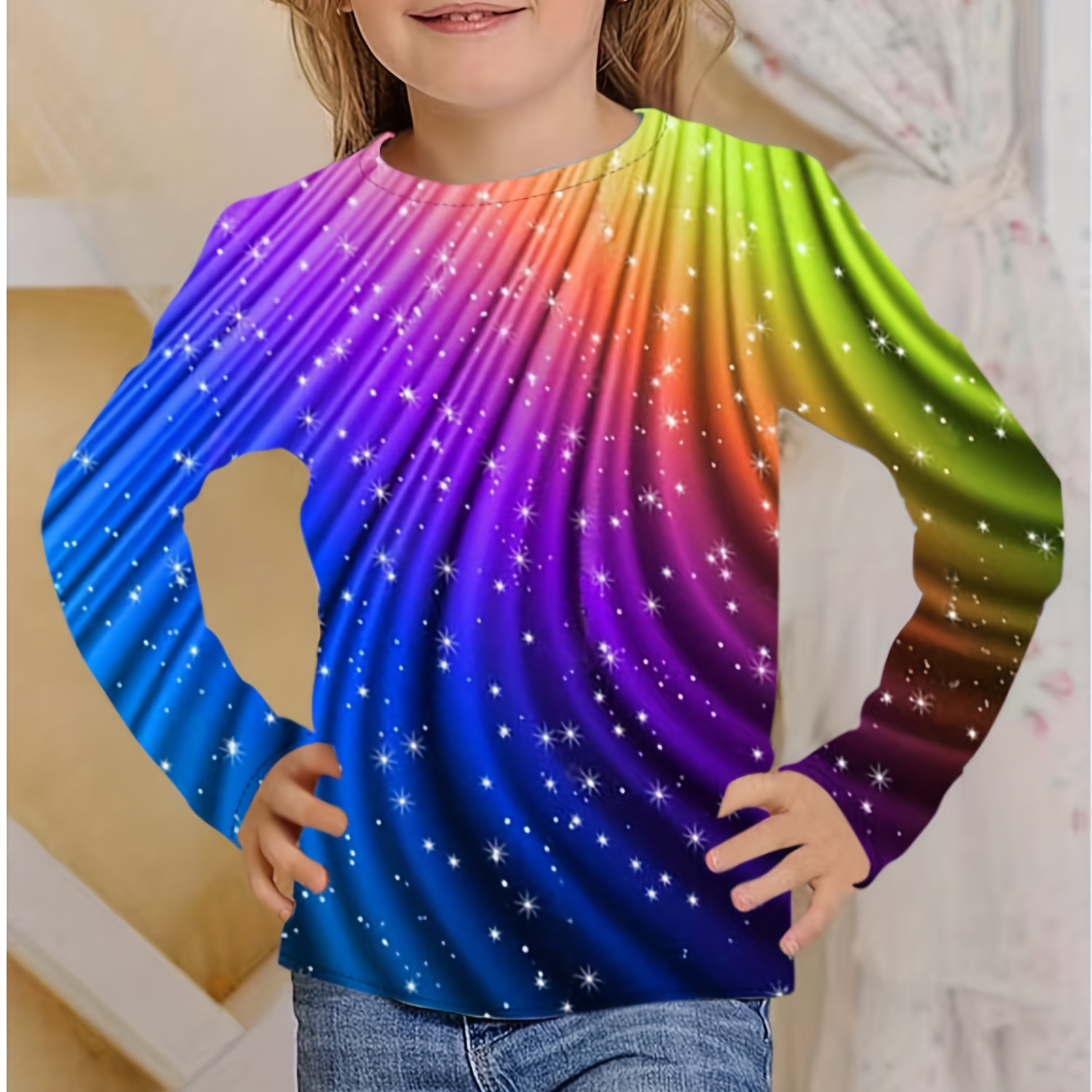 

Fashionable 3d Rainbow Color Graphic T-shirt For Girls Fall Winter