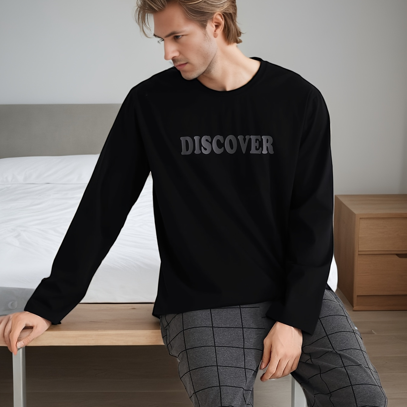 

2pcs Men's Pajamas Spring And Autumn Style Long Sleeve Long Pants Round Neck Turtleneck Fashion Black Casual Wearable Home Clothes