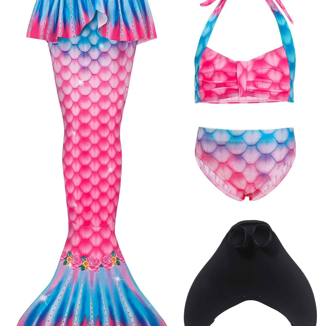 

4pcs Girls Mermaid Tail Bikini Swimsuit Set With Swimming Fin For Summer Beach Holiday Gift Party Performance
