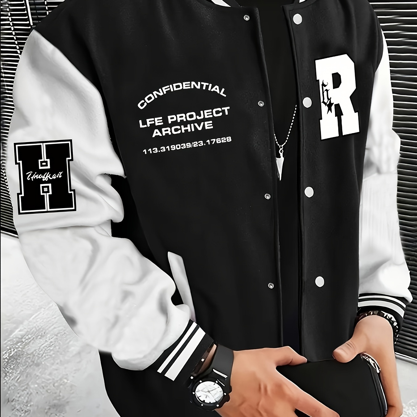 

Men's Fashionable R-letter Patchwork Style Baseball Jacket - Polyester, Maroon & Black With , Button Closure, With Pockets